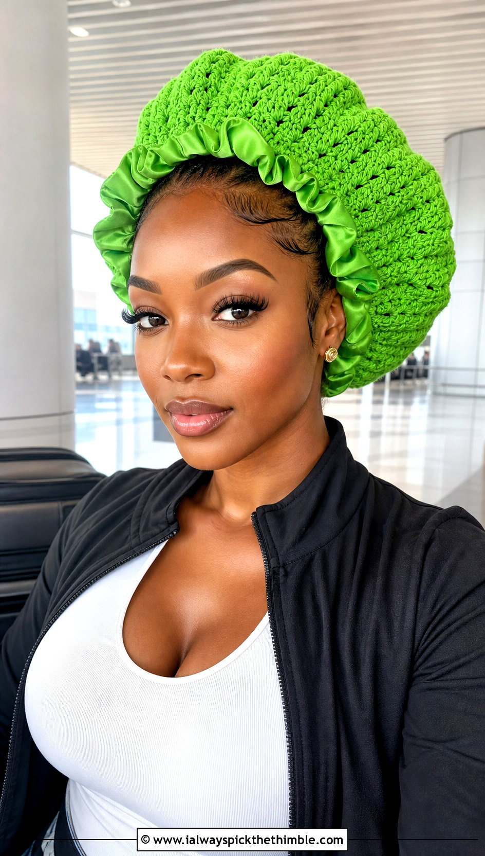 Satin Lined Crochet Bonnet With Track Jacket - 25 crochet bonnets outfit ideas