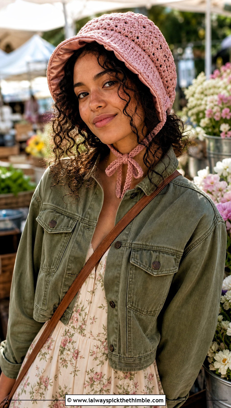 Satin Lined Crochet Bonnet With Utility Jacket And Maxi Dress - 15 satin lined crochet hat outfit ideas