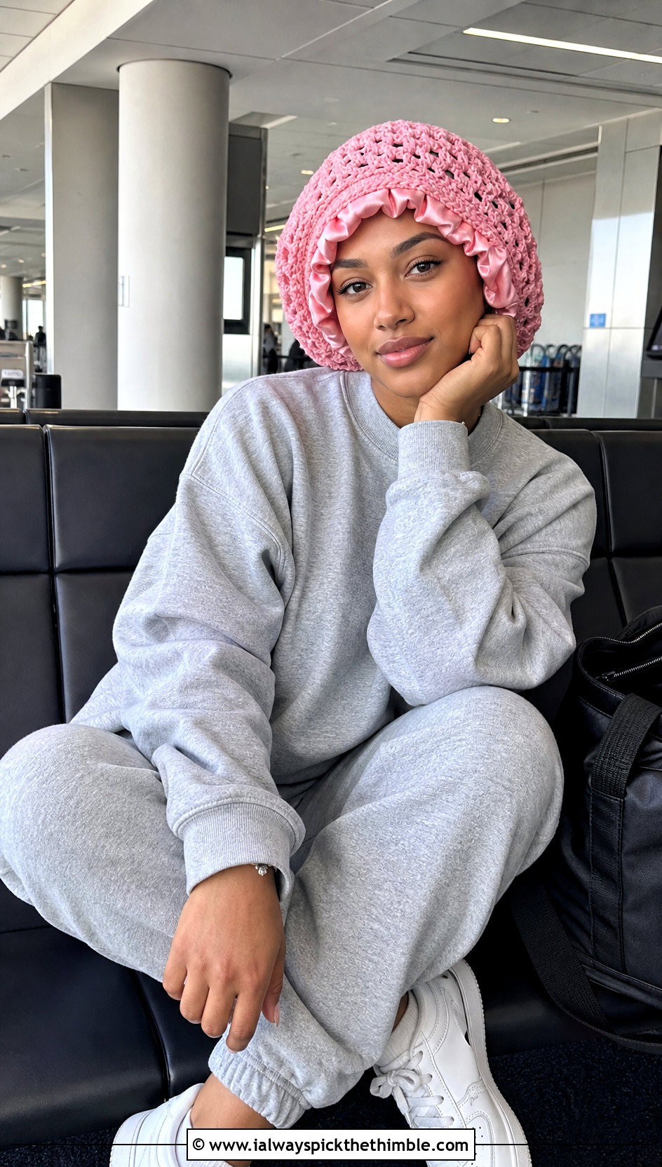 Satin Lined Crochet Hair Bonnet With Matching Sweatsuit - 20 Crochet Hair Bonnet outfit ideas