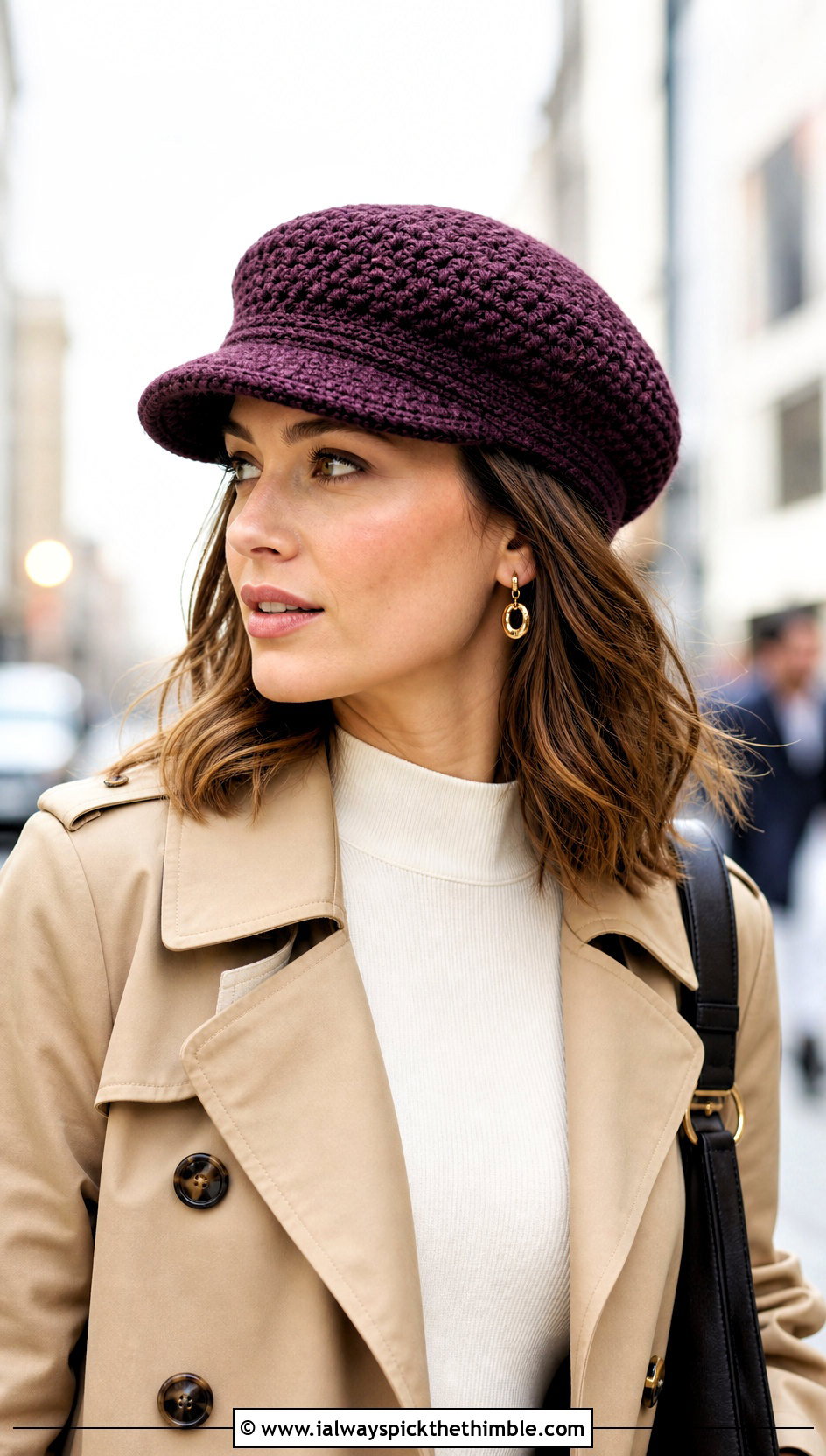 Satin Lined Crochet Newsboy Cap With Trench Coat - 15 satin lined crochet hat outfit ideas