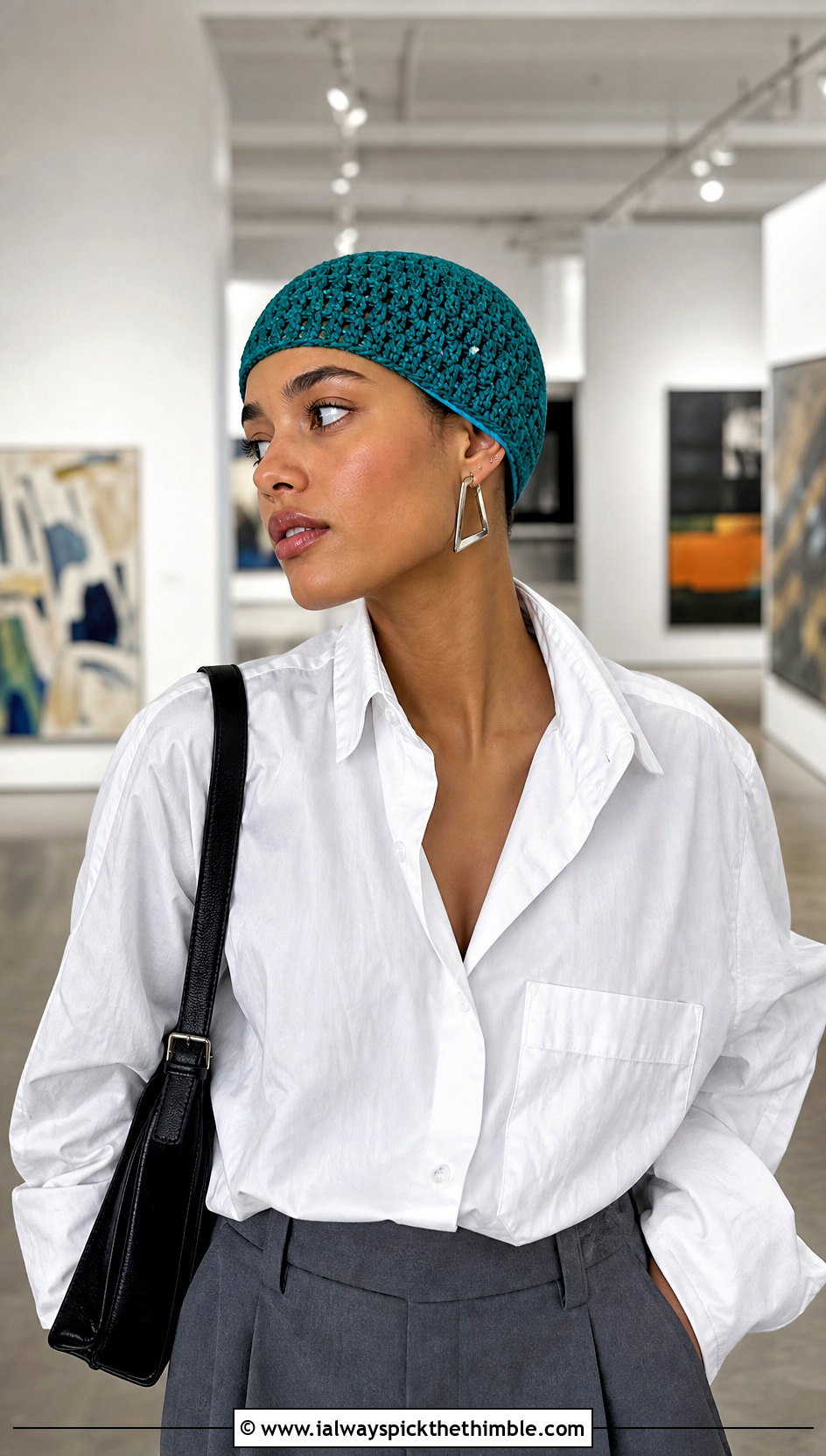 Satin Lined Crochet Skull Cap With Tailored Trousers - 15 satin lined crochet hat outfit ideas