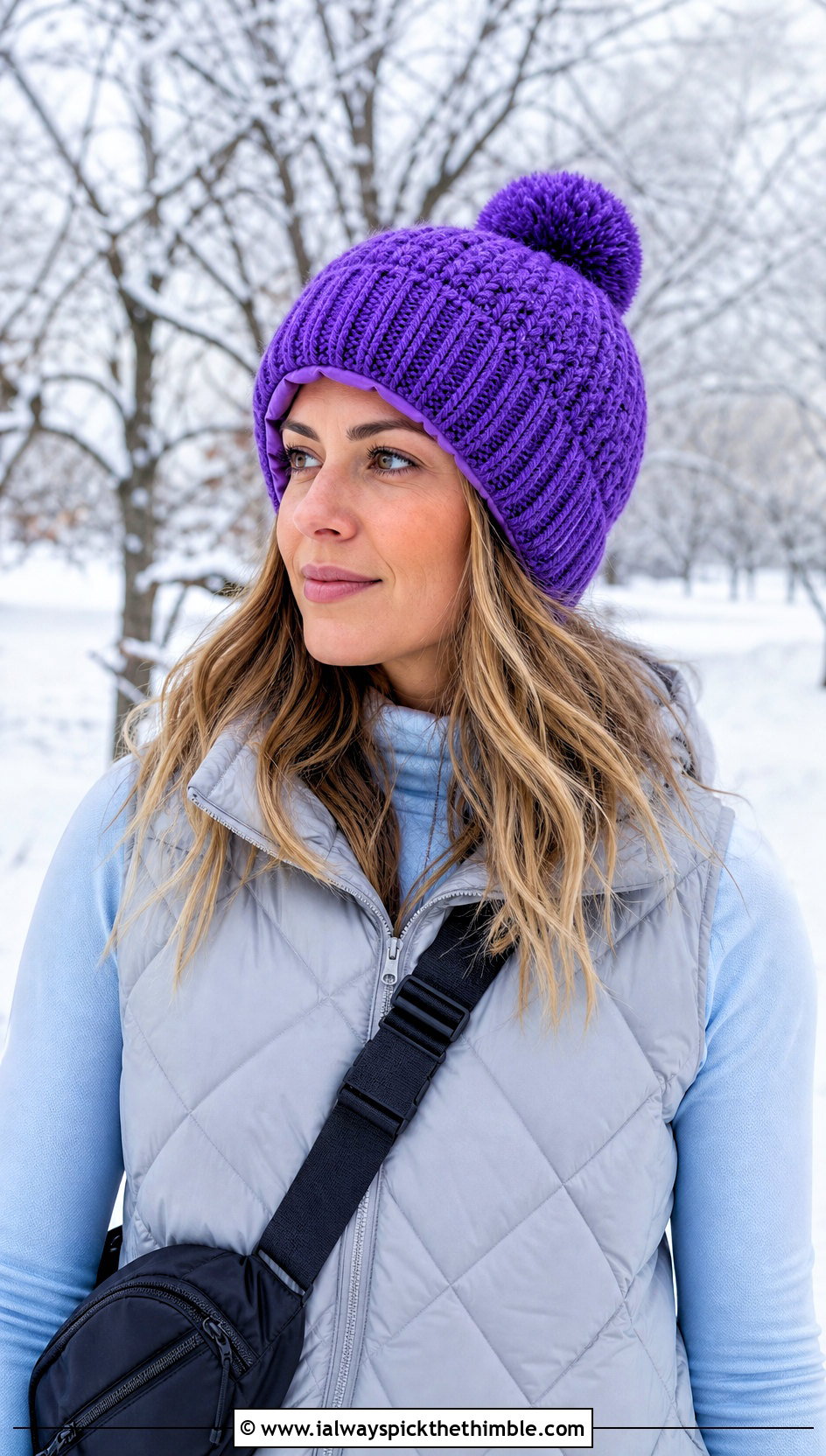 Satin Lined Pom Pom Crochet Beanie With Puffer Vest - 15 satin lined crochet hat outfit ideas