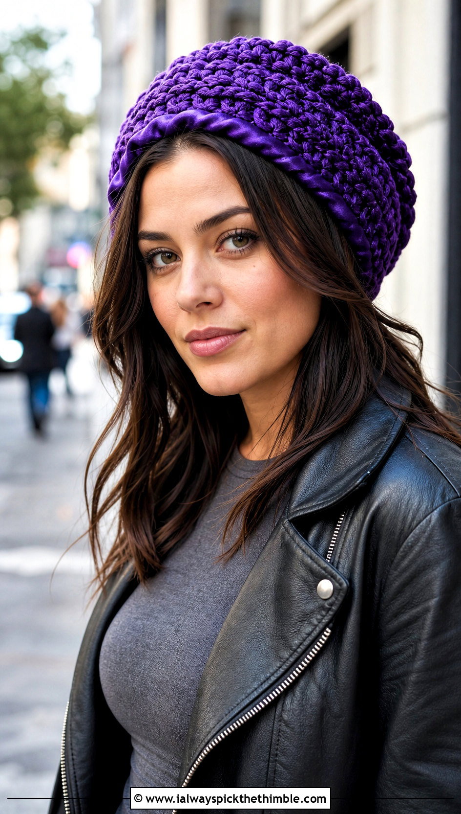 Satin Lined Slouchy Crochet Beanie With Leather Jacket - 15 satin lined crochet hat outfit ideas