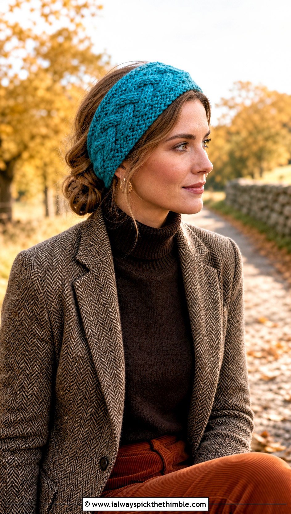 Saxon Crochet Cable Headband With Tweed Jacket And Corduroy Pants - 20 crochet cable headband outfit ideas