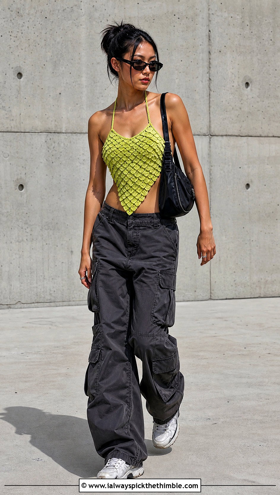 Scale Stitch Mermaid Crochet Top With Cargo Pants - 15 mermaid crochet top outfit ideas