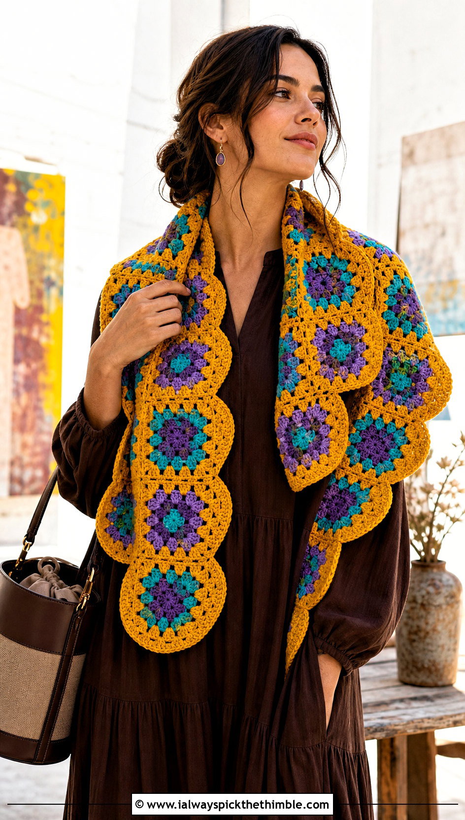 Scallop Border Granny Square Crochet Scarf With Maxi Dress - 25 granny square crochet scarf outfit ideas