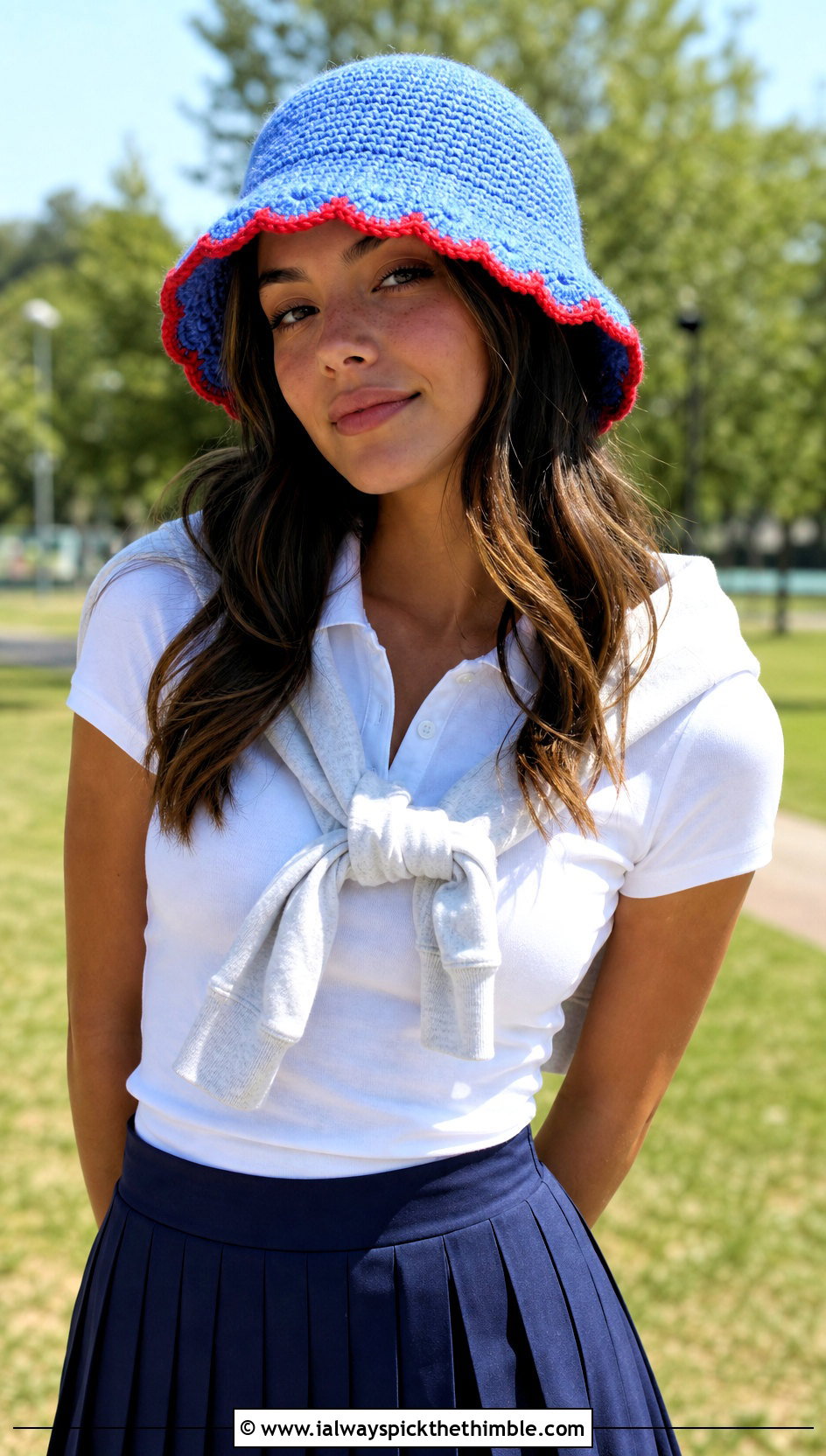 Scallop Brim Crochet Bucket Hat With Polo Shirt And Tennis Skirt - 15 crochet trendy bucket hat outfit ideas
