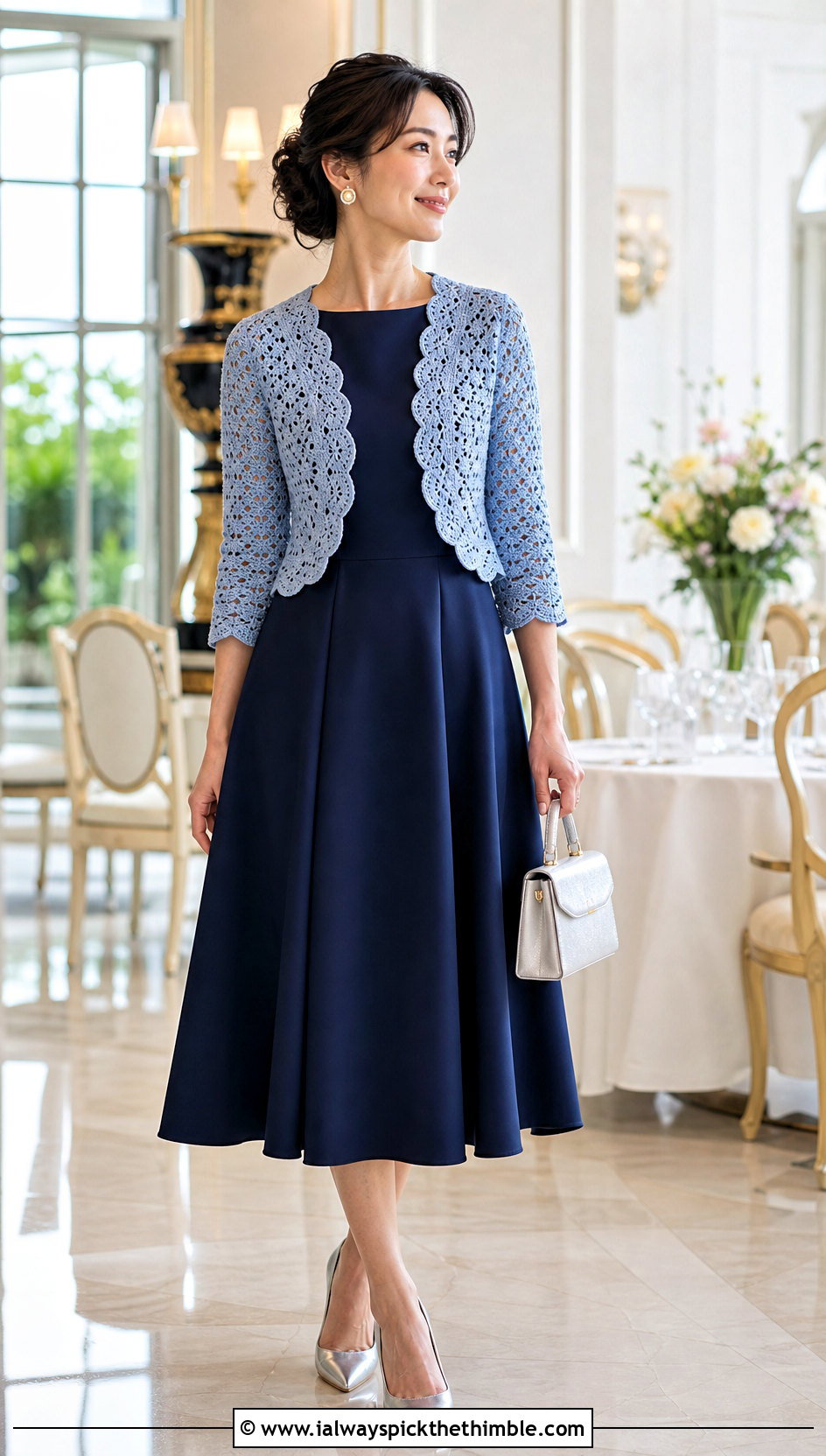 Scallop Edge Bolero With Fit And Flare Dress - 20 crochet shrugs and boleros outfit ideas