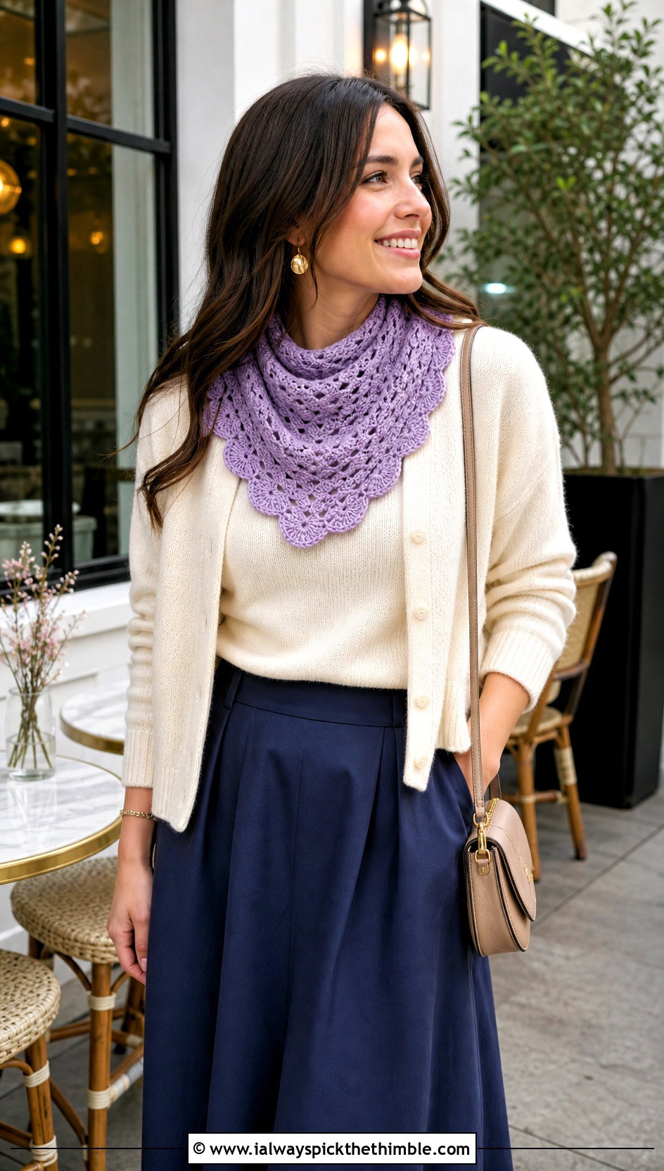 Scallop Edge Crochet Bandana Cowl With Cardigan Set - 20 crochet bandana cowl outfit ideas