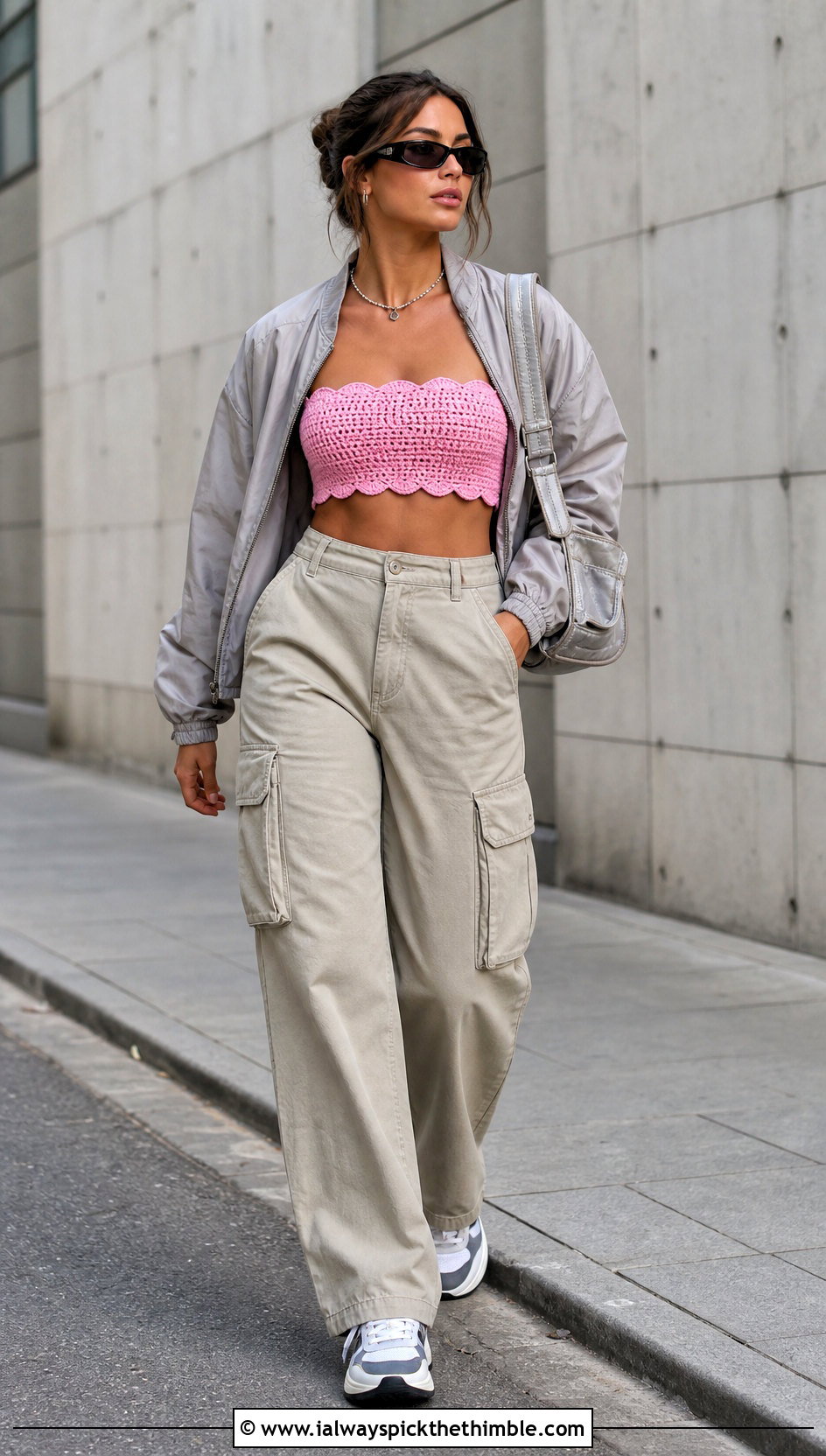 Scallop Edge Crochet Bandeau Top With Cargo Pants - 25 crochet bandeau top outfit ideas