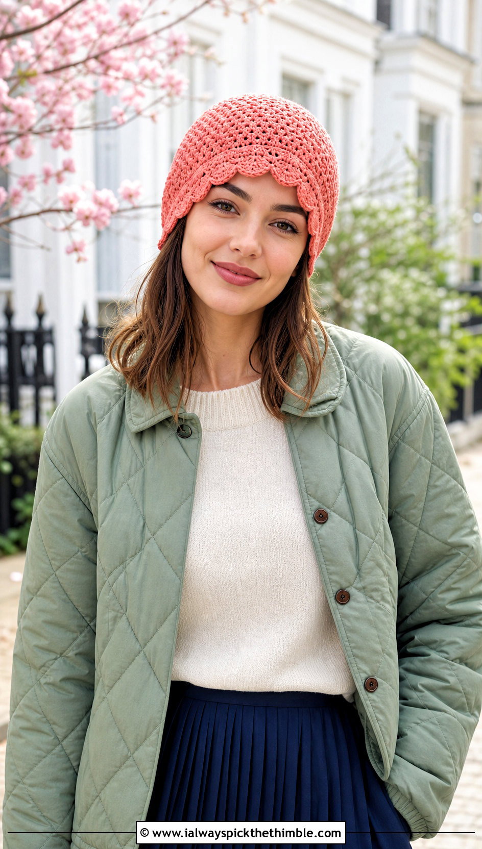 Scallop Edge Crochet Beanie With Quilted Jacket And Midi Skirt - 25 aesthetic crochet beanie outfit ideas