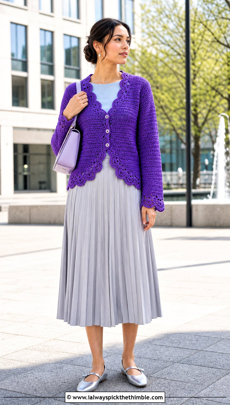 Scallop Edge Crochet Cardigan With Pleated Midi Skirt - 20 crochet spring cardigan outfit ideas