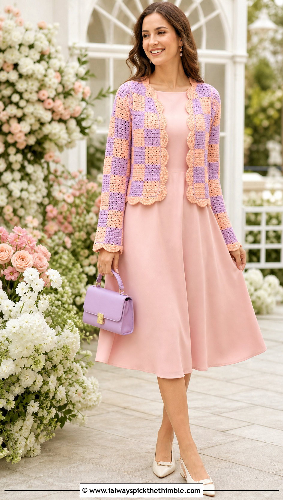 Scallop Edge Crochet Checkered Cardigan With Tea Dress - 25 crochet checkered cardigan outfit ideas