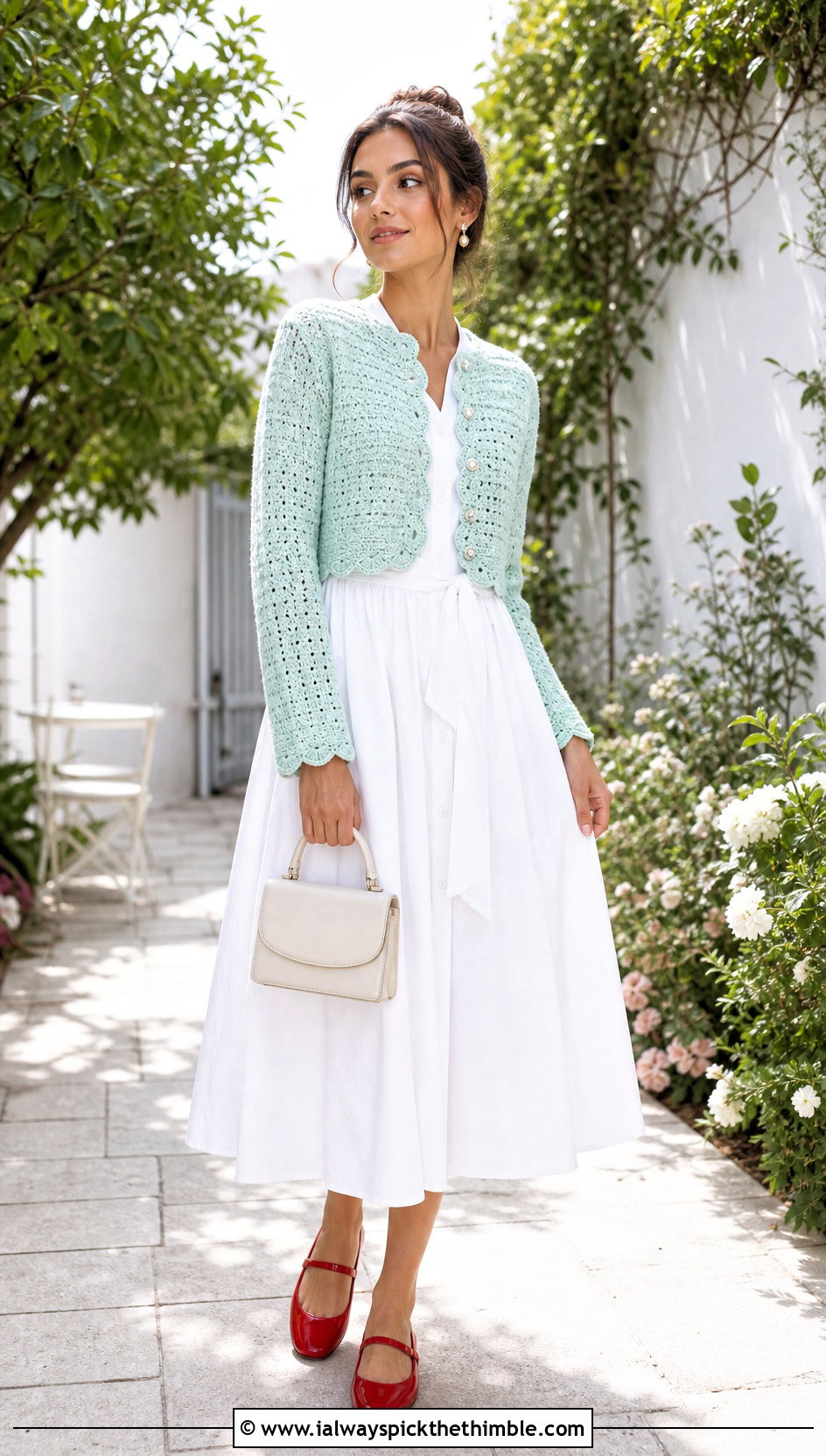 Scallop Edge Crochet Crop Cardigan With Poplin Midi Dress - 20 Chunky Crochet Crop Cardigan outfit ideas