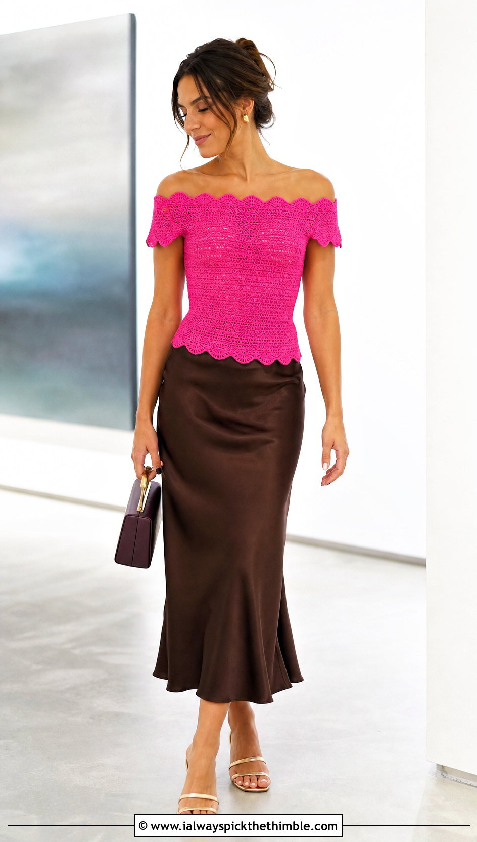 Scallop Edge Crochet Off The Shoulder Top With Satin Midi Skirt - 25 Crochet Off The Shoulder Top outfit ideas