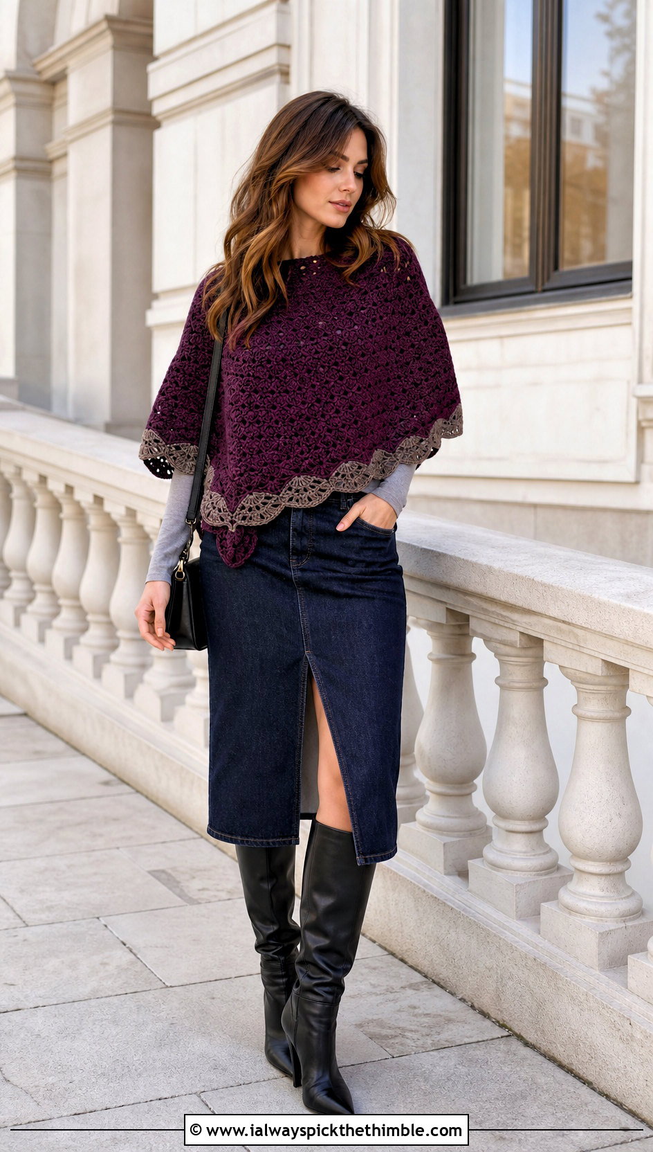 Scallop Edge Crochet Poncho With Denim Midi Skirt - 25 easy crochet poncho outfit ideas