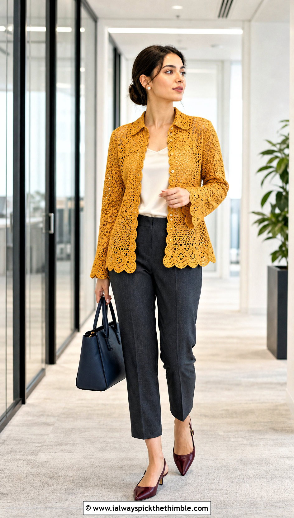 Scallop Edge Crochet Shirt With Cropped Trousers - 25 crochet shirts outfit ideas