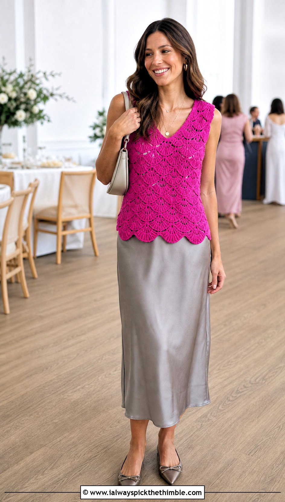 Scallop Edge Crochet Sweater Vest With Satin Slip Dress - 15 Handmade Crochet Sweater Vest outfit ideas