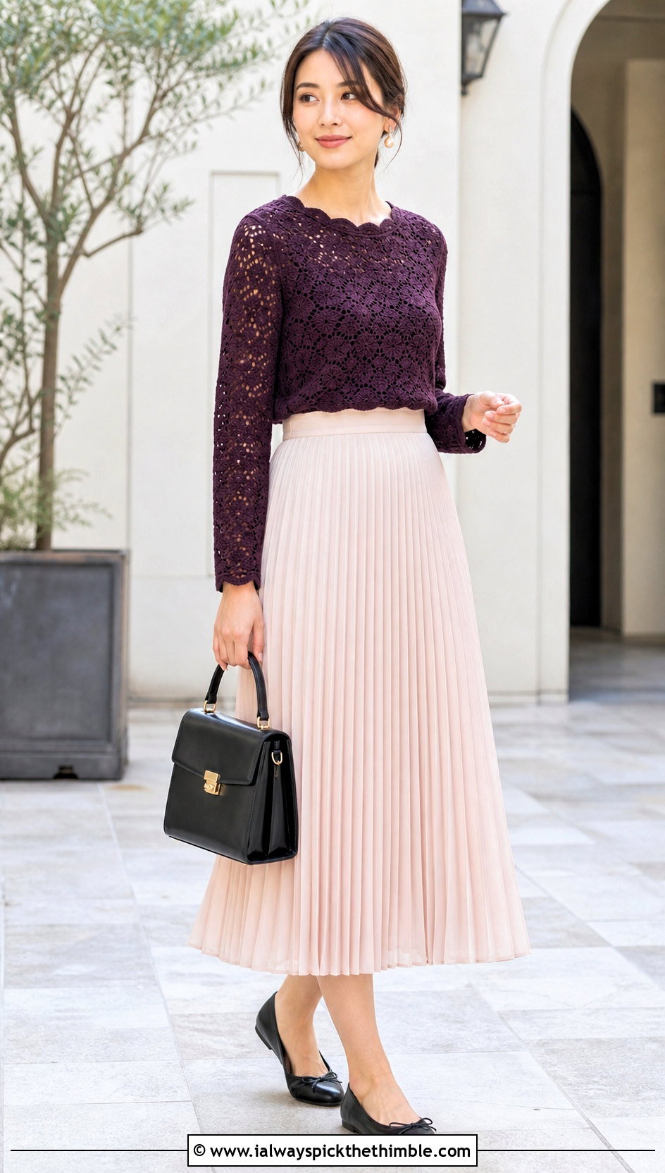 Scallop Edge Crochet Sweater With Pleated Midi Skirt - 20 Easy Crochet Sweater For Women outfit ideas