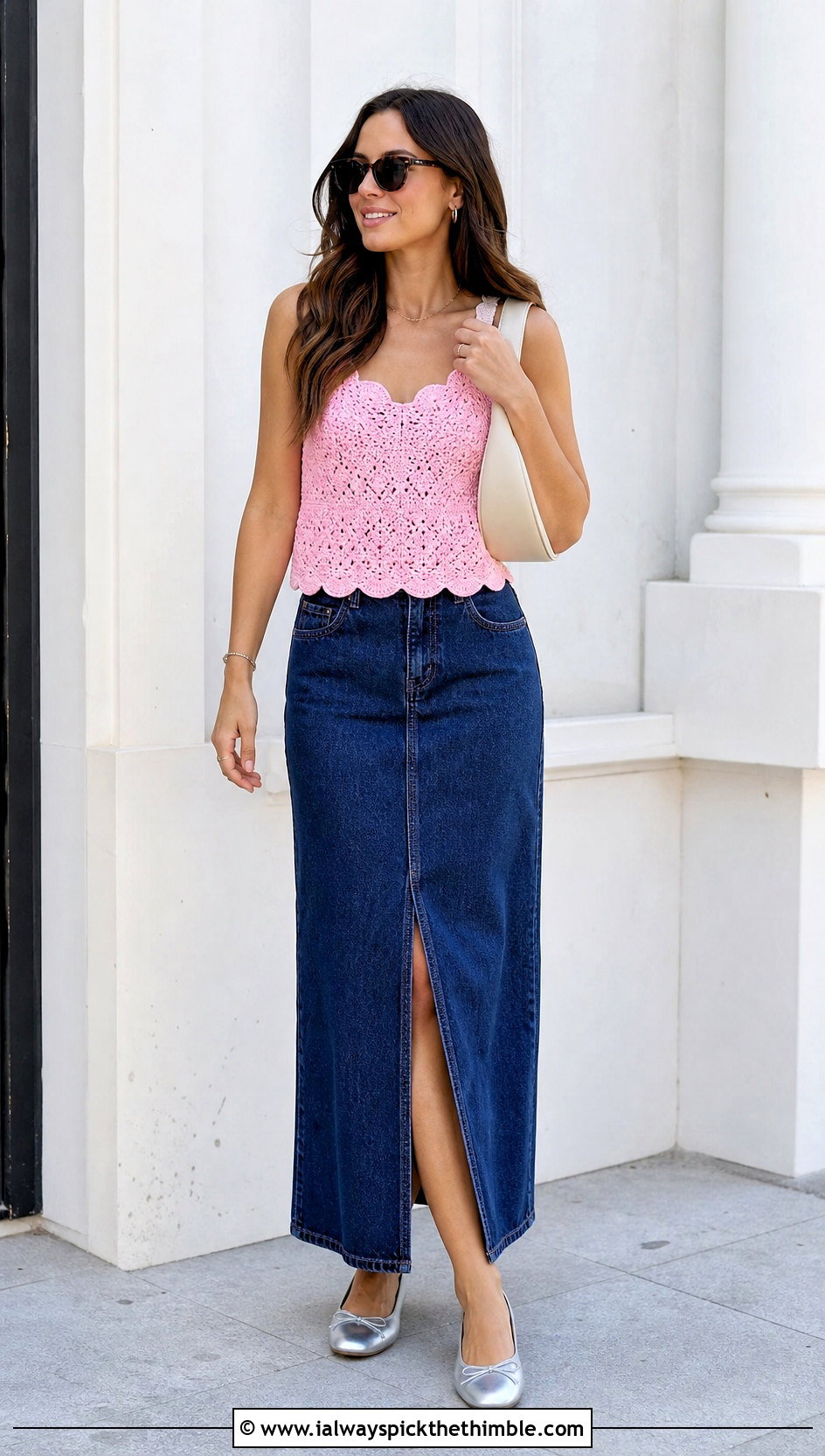 Scallop Edge Crochet Tank Top With Denim Maxi Skirt - 20 Simple Crochet Tank Top outfit ideas
