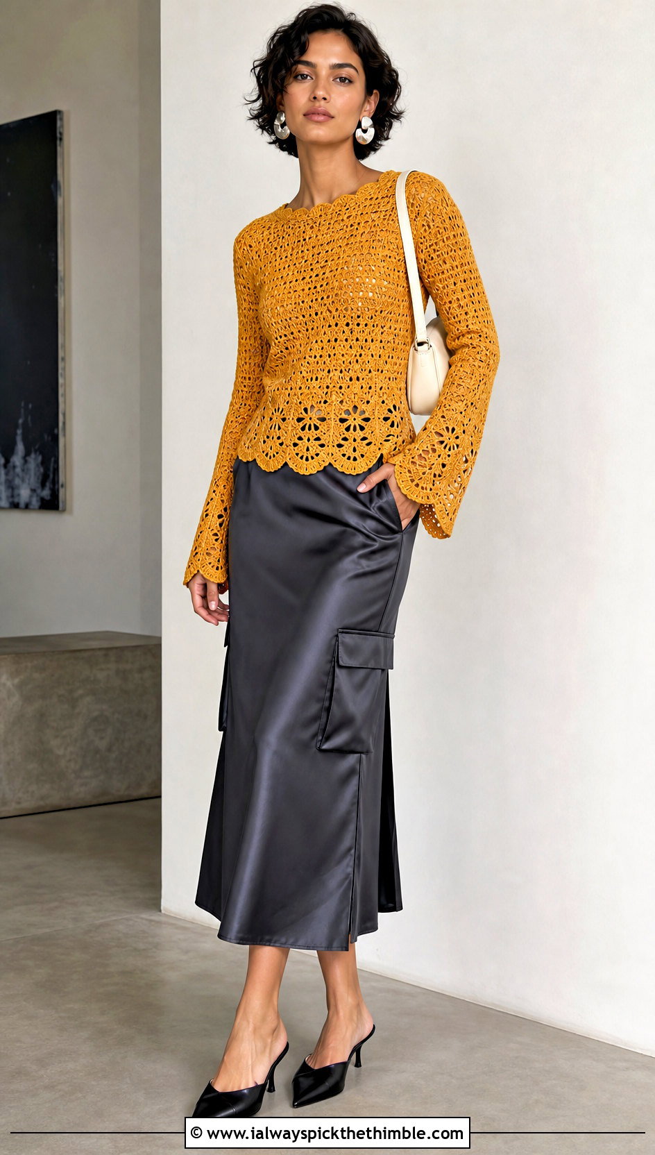 Scallop Edge Crochet Top With Satin Cargo Skirt - 20 long sleeve crochet top outfit ideas