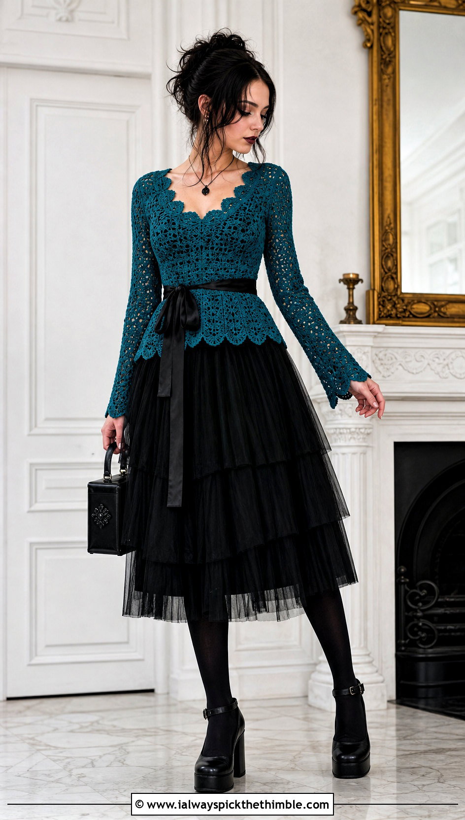 Scallop Edge Crochet Top With Tulle Skirt - 25 goth crochet top outfit ideas