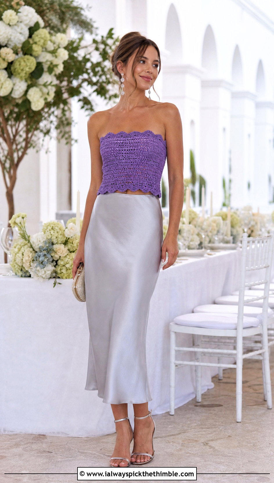 Scallop Edge Crochet Tube Top With Satin Midi Skirt - 25 crochet tube tops outfit ideas