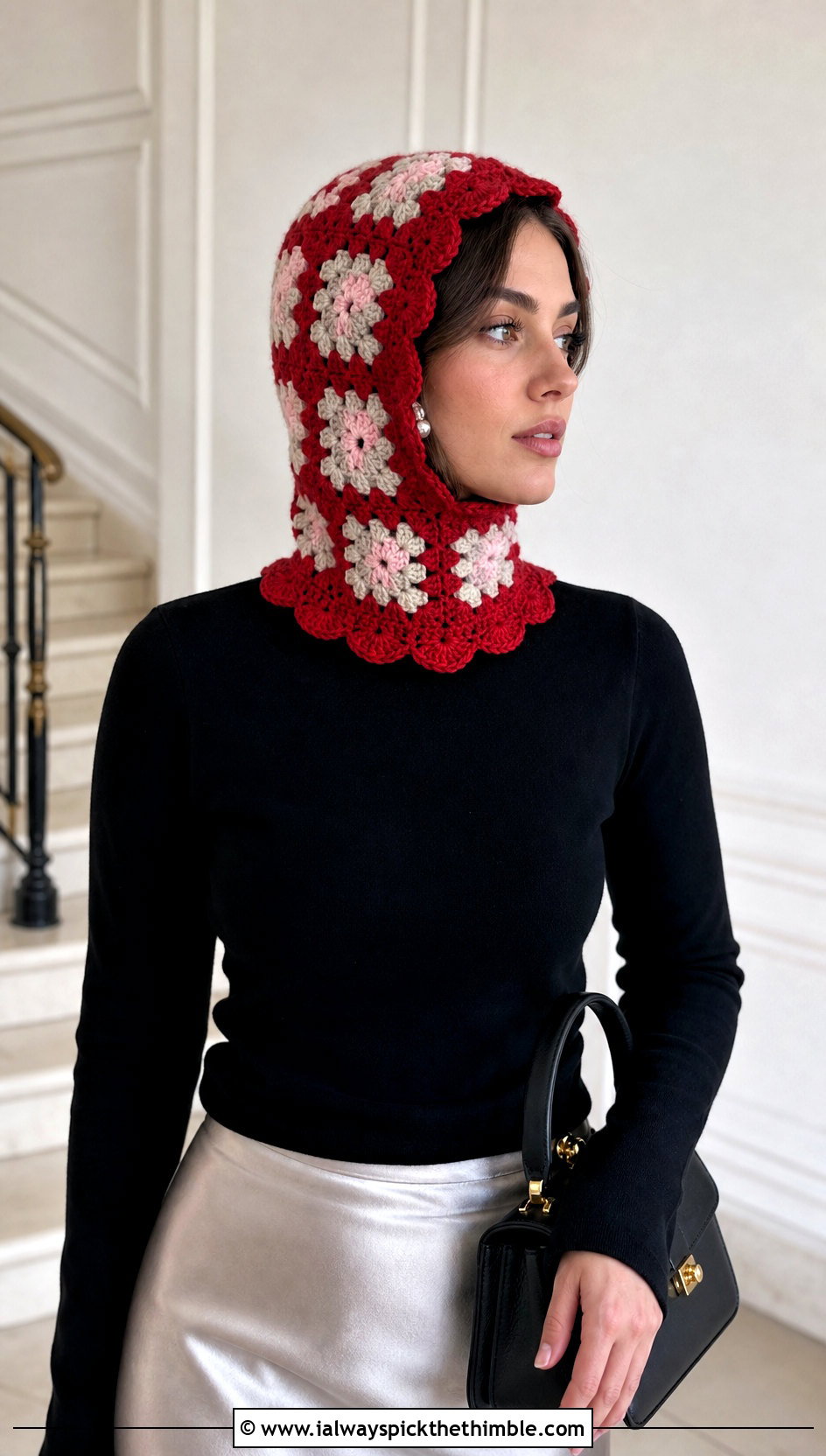 Scallop Edge Granny Square Balaclava With Satin Skirt - 20 crochet granny square balaclava outfit ideas