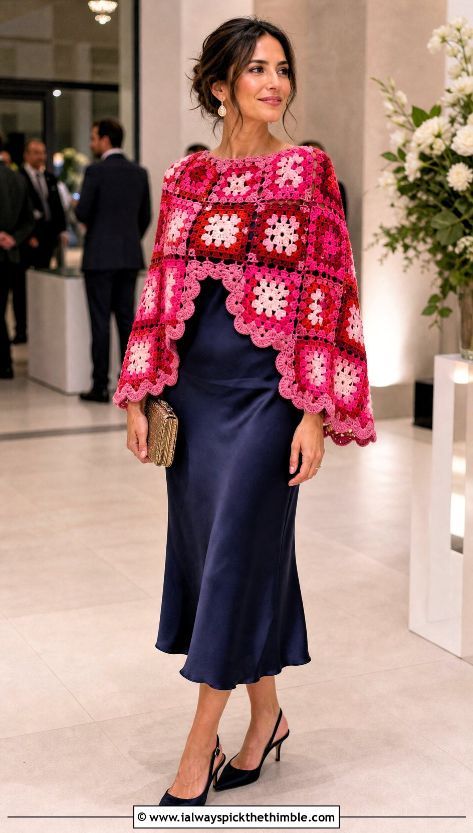 Scallop Edge Granny Square Poncho With Slip Dress - 20 Granny Squares Poncho outfit ideas