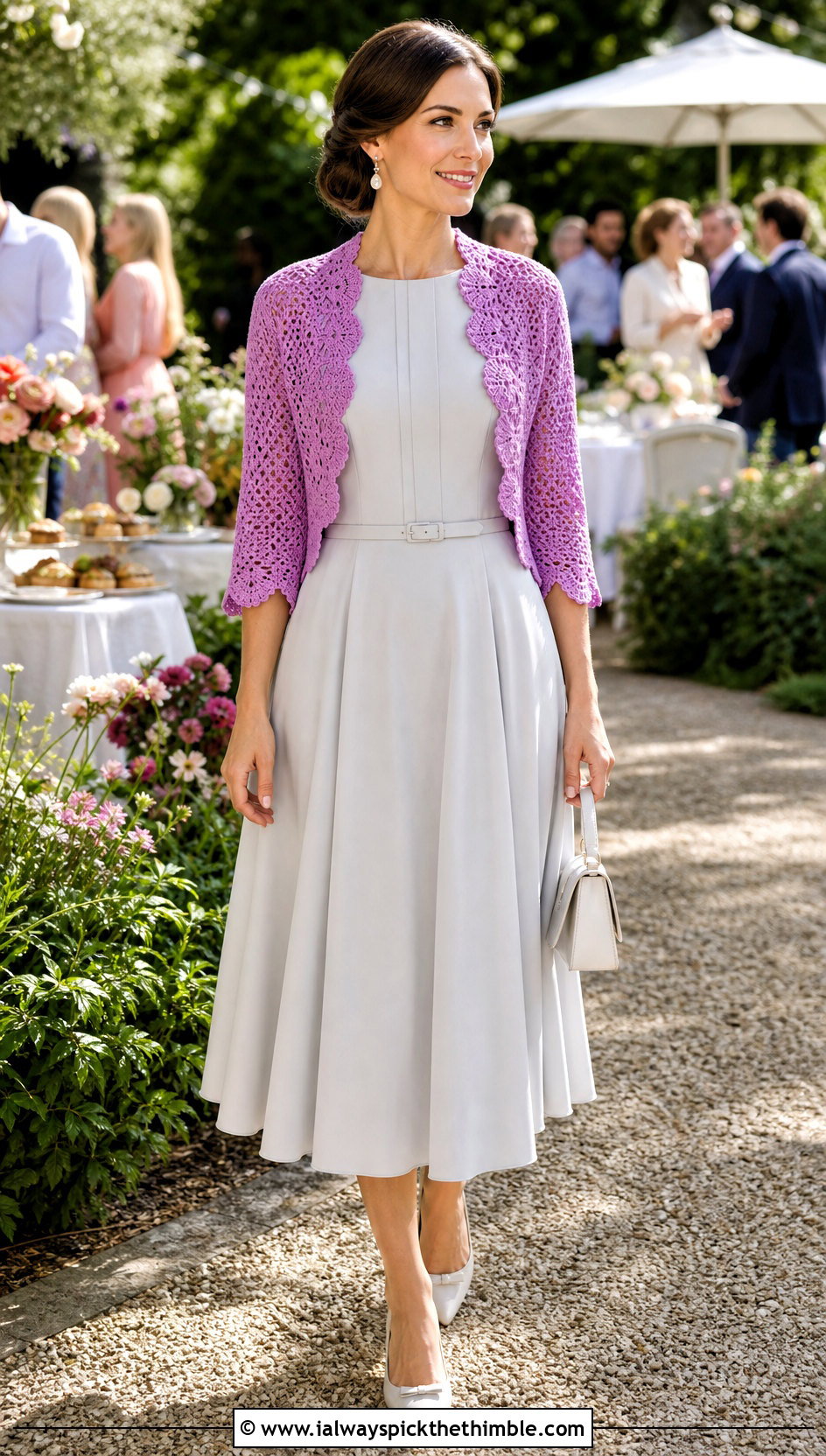 Scallop Edge Shrug With Tea Length Dress - 25 crocheted shrug outfit ideas