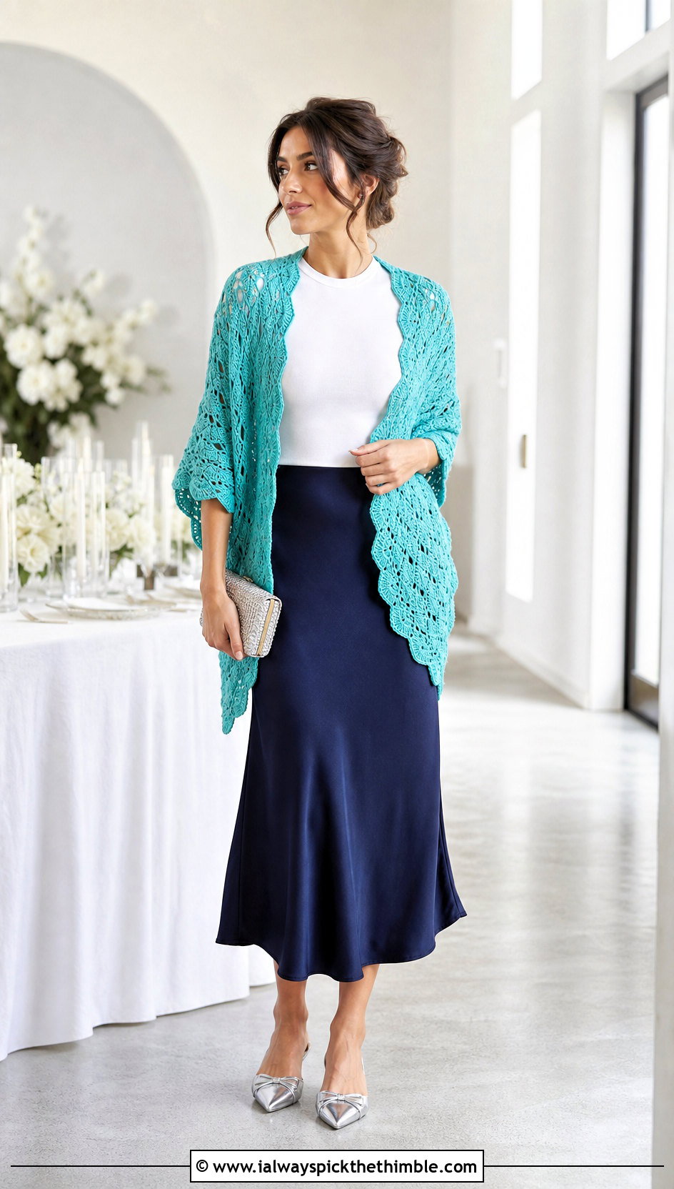 Scallop Edge Square Crochet Shawl With Satin Skirt - 20 Square Crochet Shawl outfit ideas