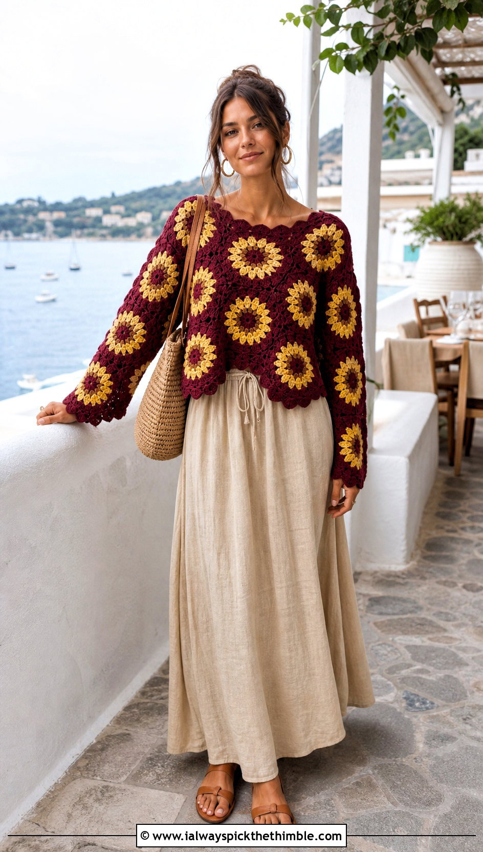 Scallop Edge Sunflower Granny Square Pullover Sweater With Linen Maxi Skirt - 15 Sunflower Granny Square Pullover Sweater outfit ideas