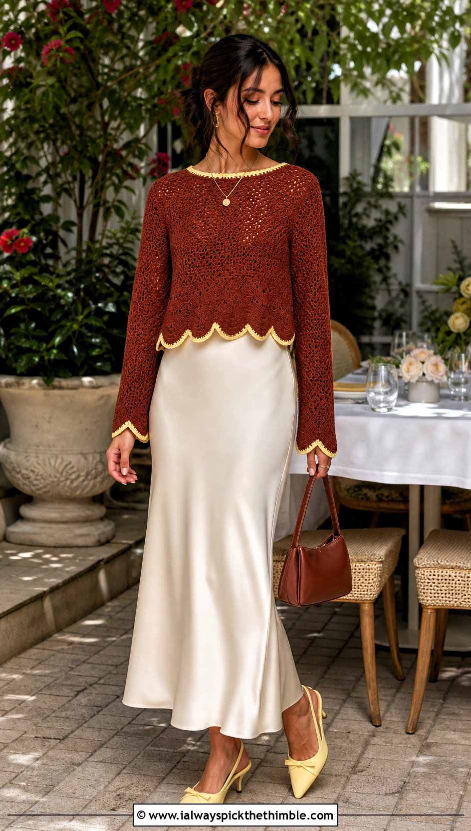 Scallop Hem Brown Crochet Sweater With Slip Skirt - 25 crochet brown sweater outfit ideas