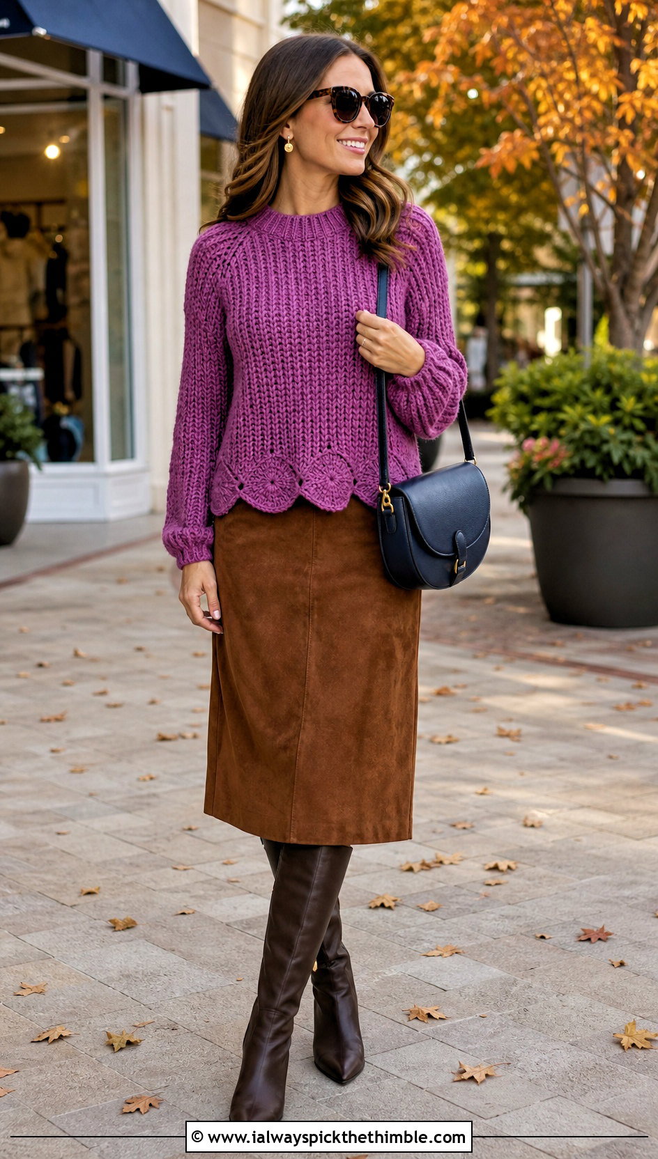 Scallop Hem Chunky Crochet Sweater With Suede Skirt - 25 chunky crochet sweater outfit ideas