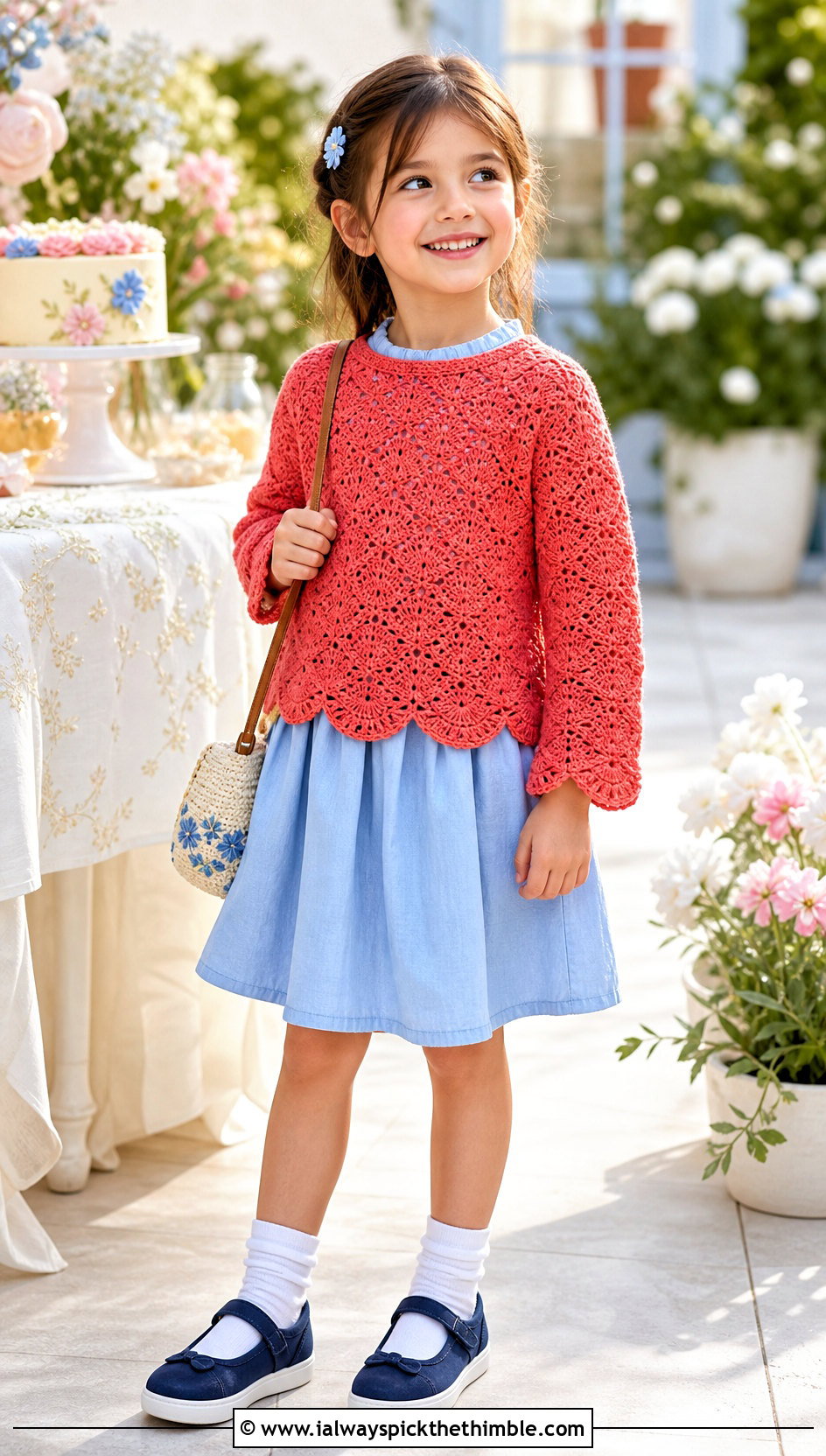 Scallop Hem Crochet 5T Sweater Over A Cotton Dress - 15 crochet 5t sweater outfit ideas
