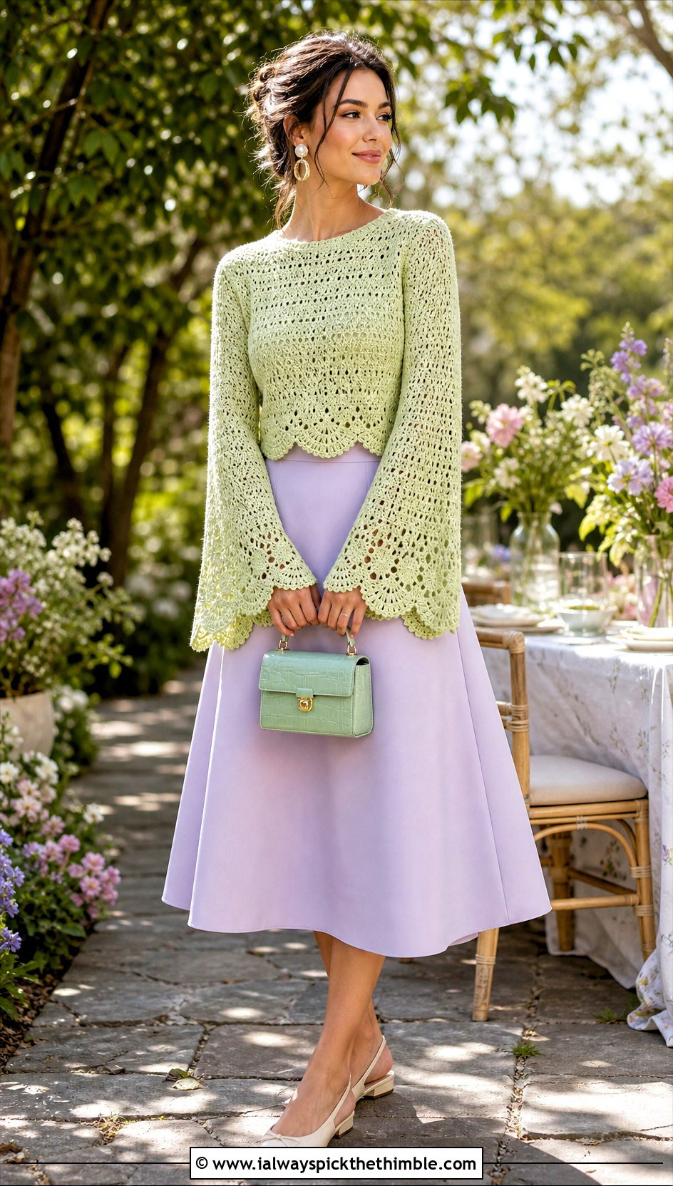 Scallop Hem Crochet Bell Sleeve Sweater With A Line Skirt - 20 crochet bell sleeve sweater outfit ideas