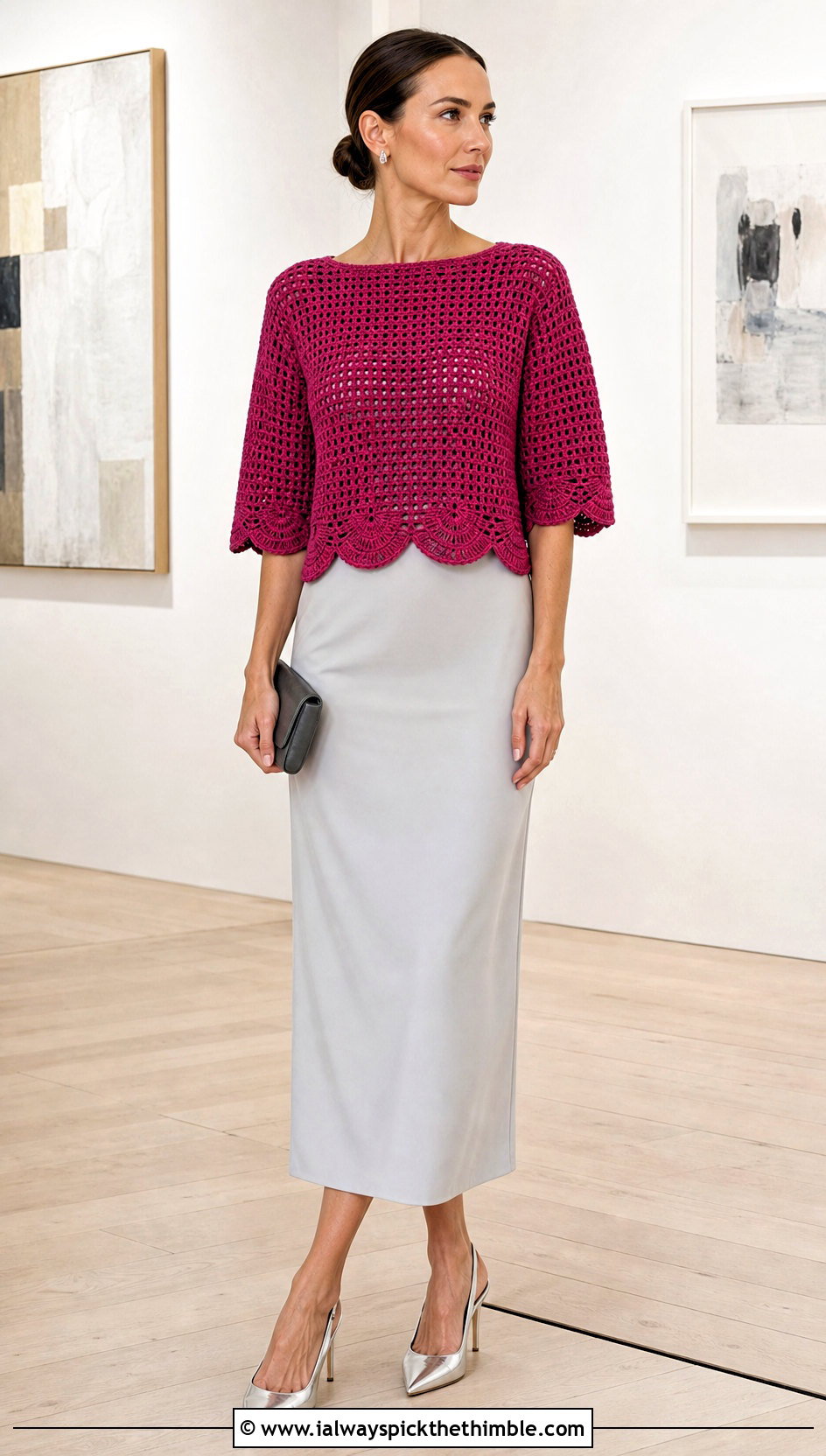 Scallop Hem Crochet Boxy Sweater Over A Column Dress - 20 Crochet Boxy Sweater outfit ideas