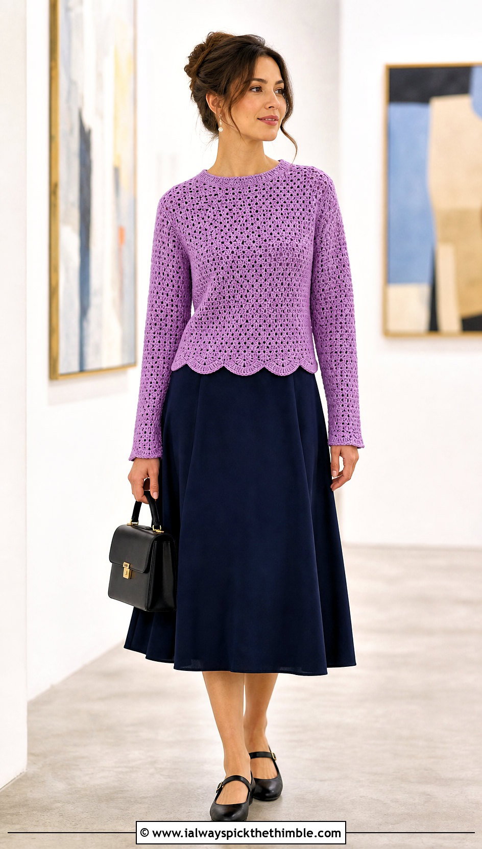 Scallop Hem Crochet Crewneck Sweater With A Line Skirt - 20 crochet crewneck sweater outfit ideas