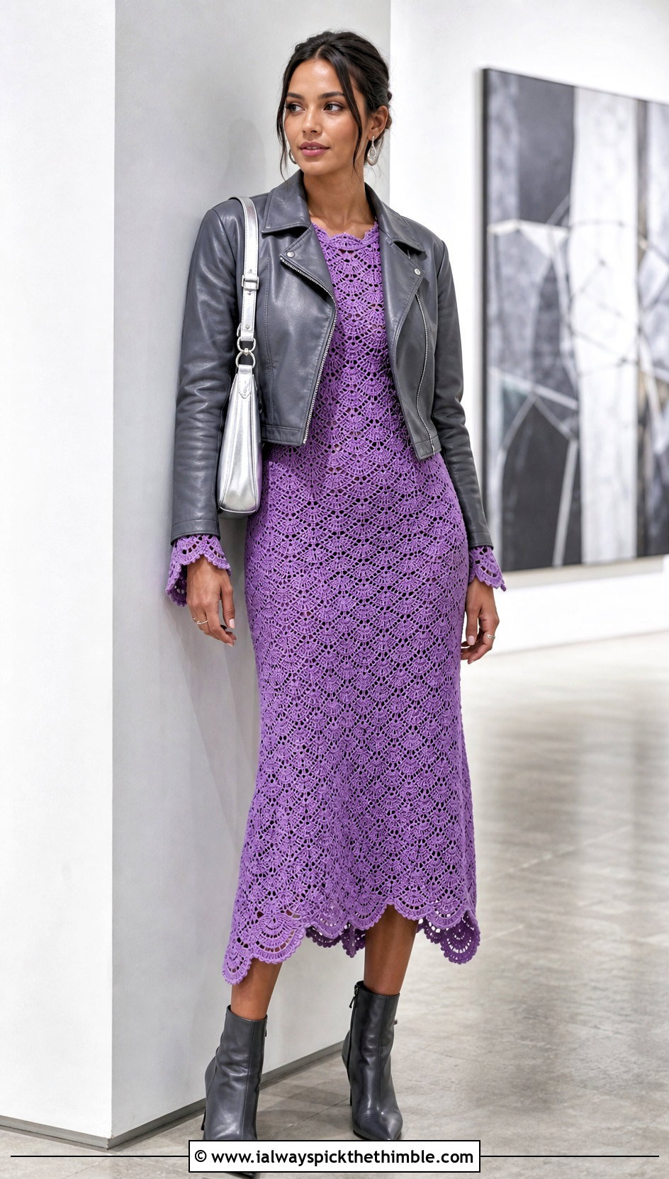Scallop Hem Crochet Dress With Leather Jacket - 20 crochet 60s dress outfit ideas