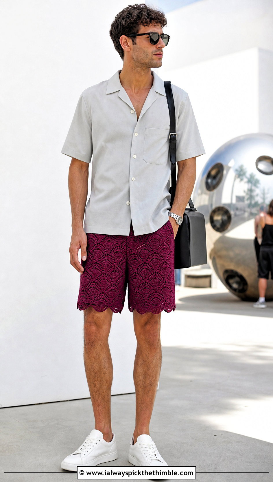 Scallop Hem Crochet Shorts With Cuban Collar Shirt - 15 Crochet Mens Shorts For Men outfit ideas