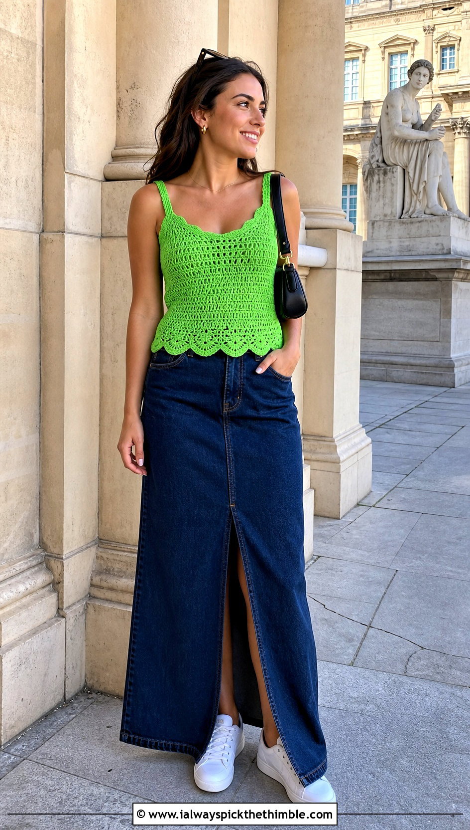 Scallop Hem Crochet Tank Top With Denim Maxi Skirt - 25 spring crochet top outfit ideas