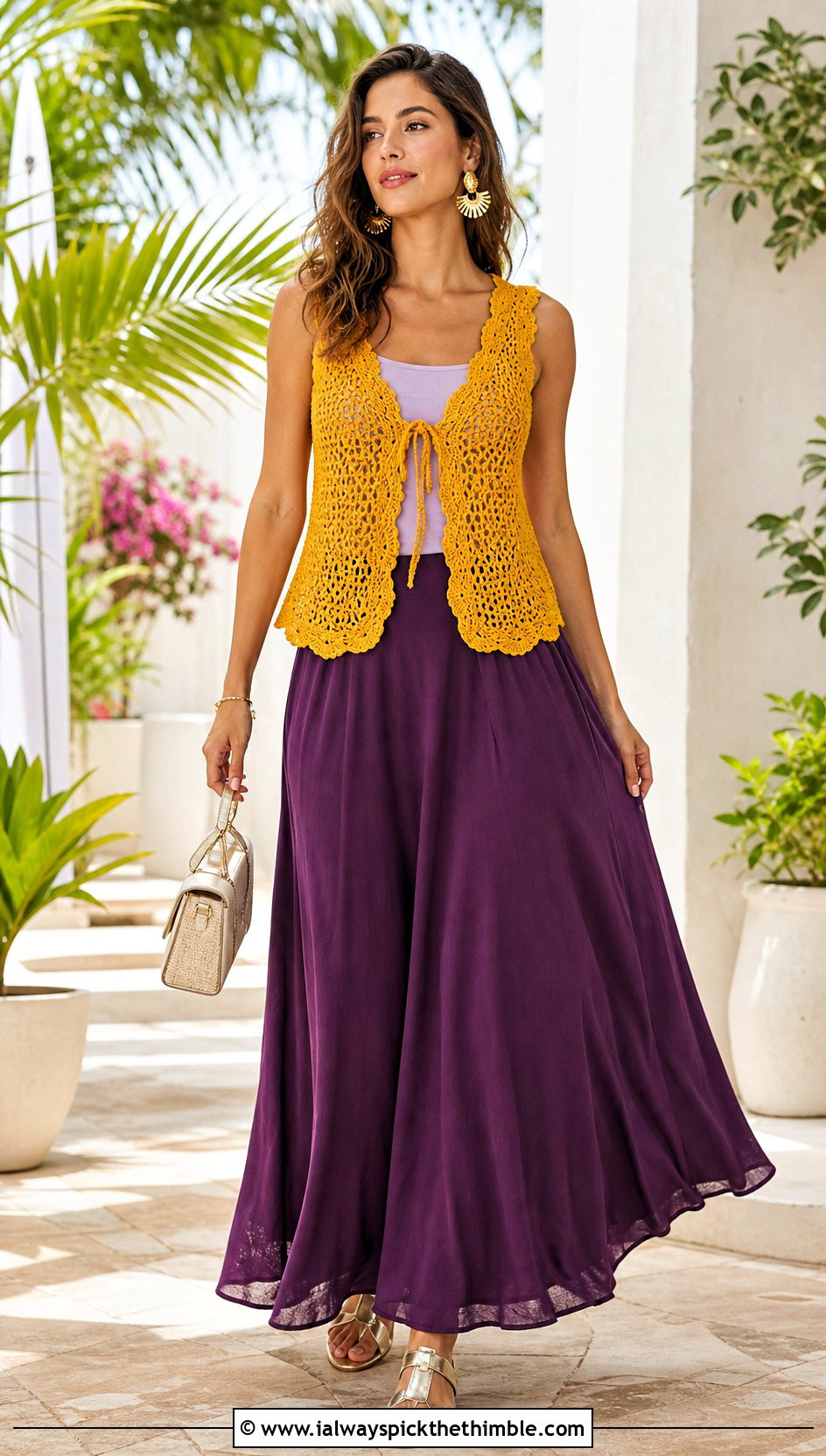 Scallop Hem Tie Crochet Vest With Maxi Skirt - 25 crochet tie vest outfit ideas