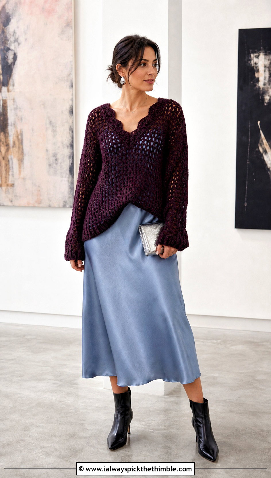 Scallop Neck Slouchy Crochet Sweater With Slip Dress - 15 Super Slouchy Crochet Sweater outfit ideas
