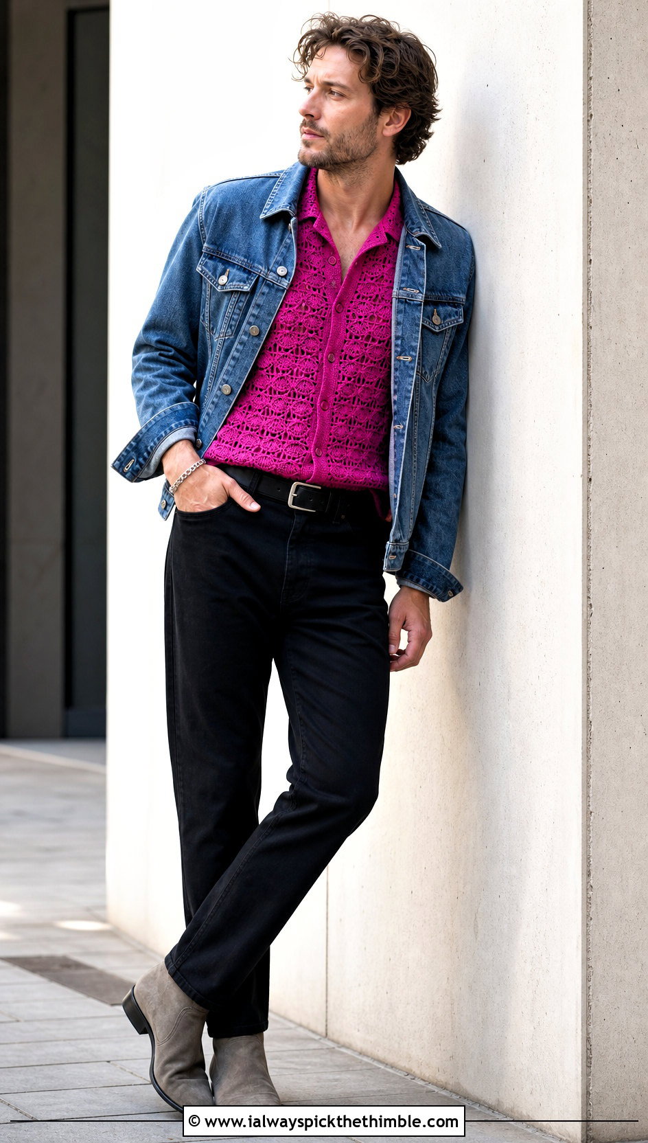 Scallop Stitch Crochet Shirt With A Denim Jacket - 25 crochet mens shirt outfit ideas