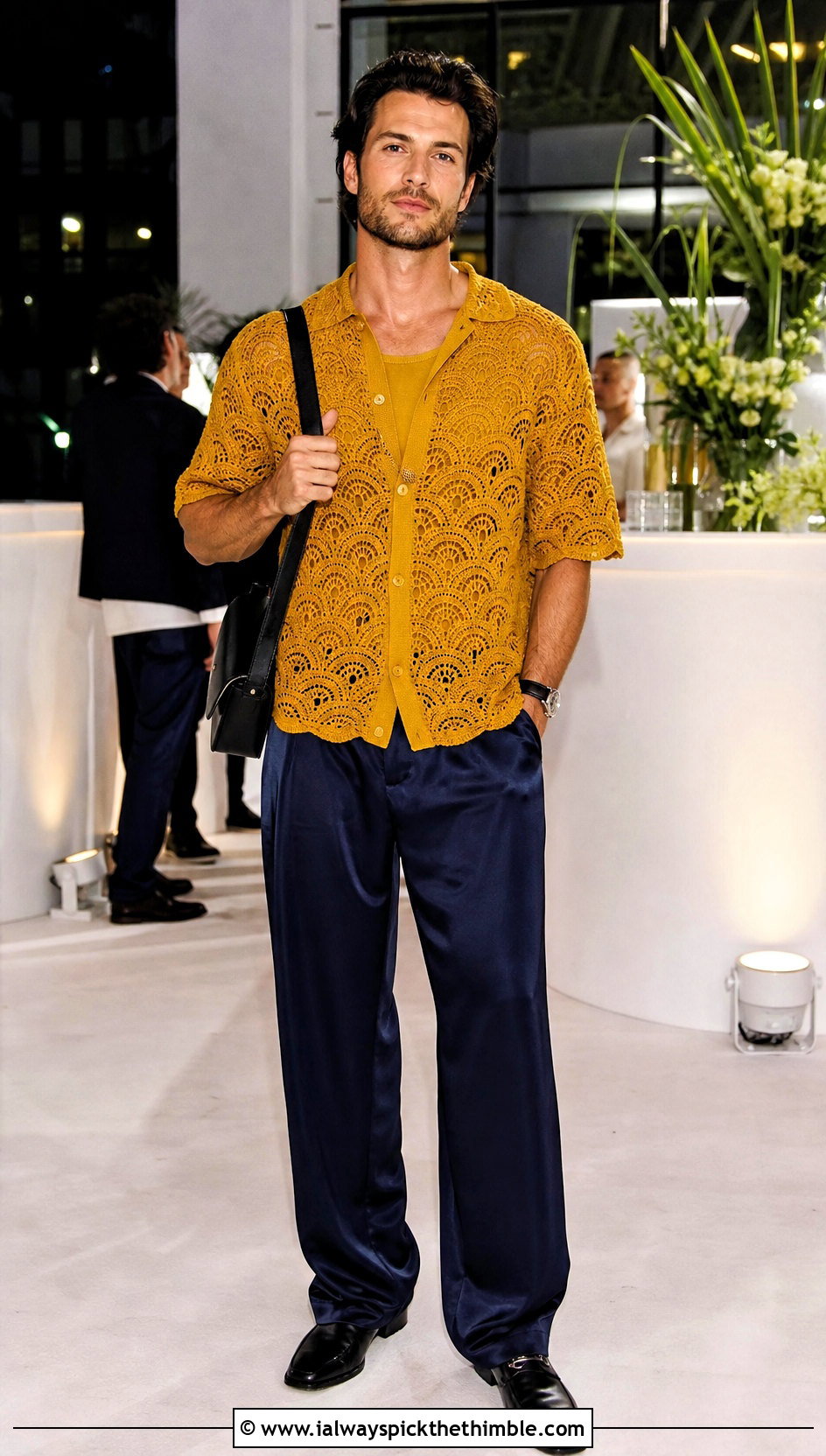Scallop Stitch Crochet Shirt With Satin Trousers - 25 men's crochet shirt outfit ideas
