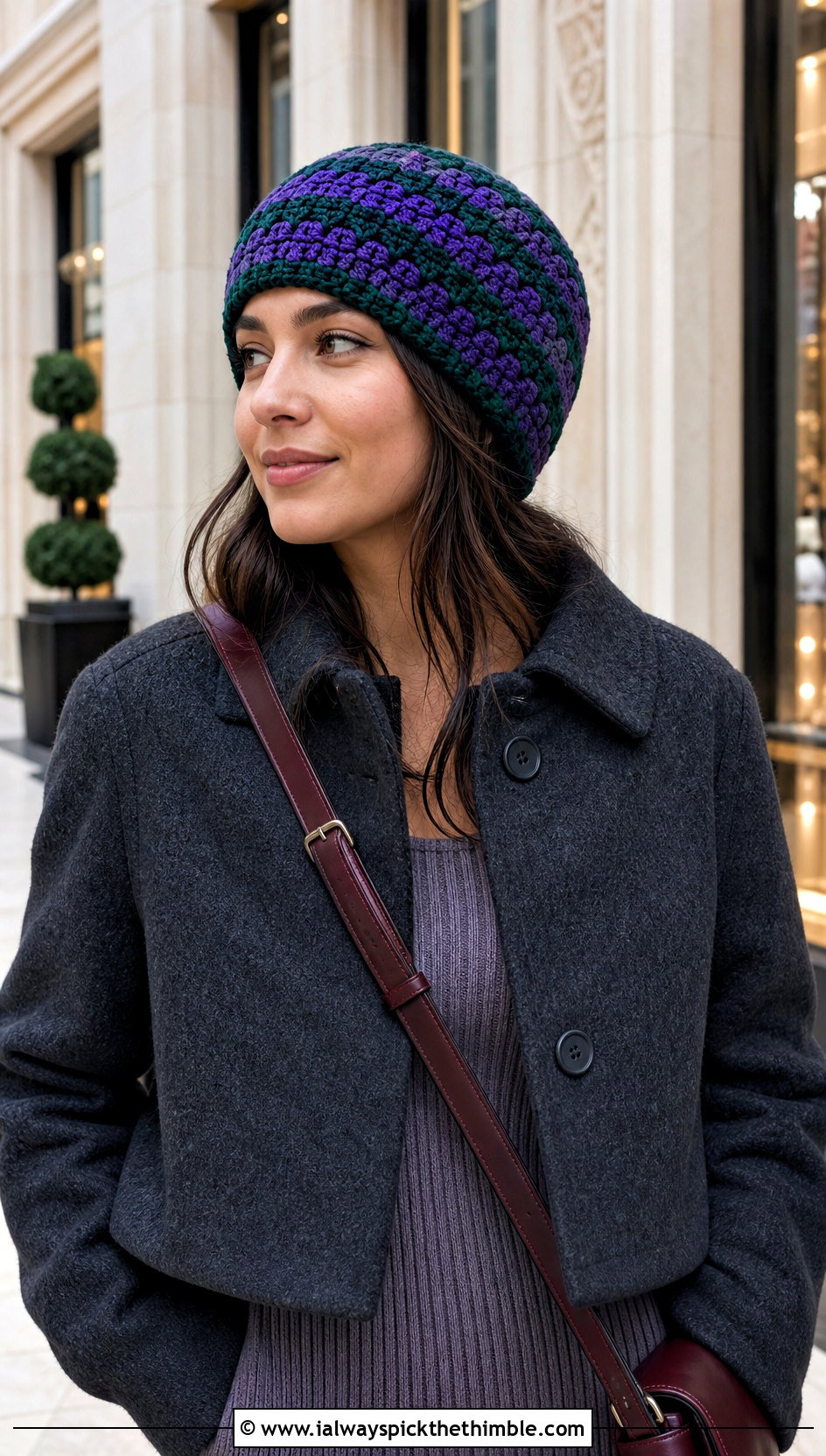 Scallop Stripe Crochet Beanie With Sweater Dress - 20 striped crochet beanie outfit ideas