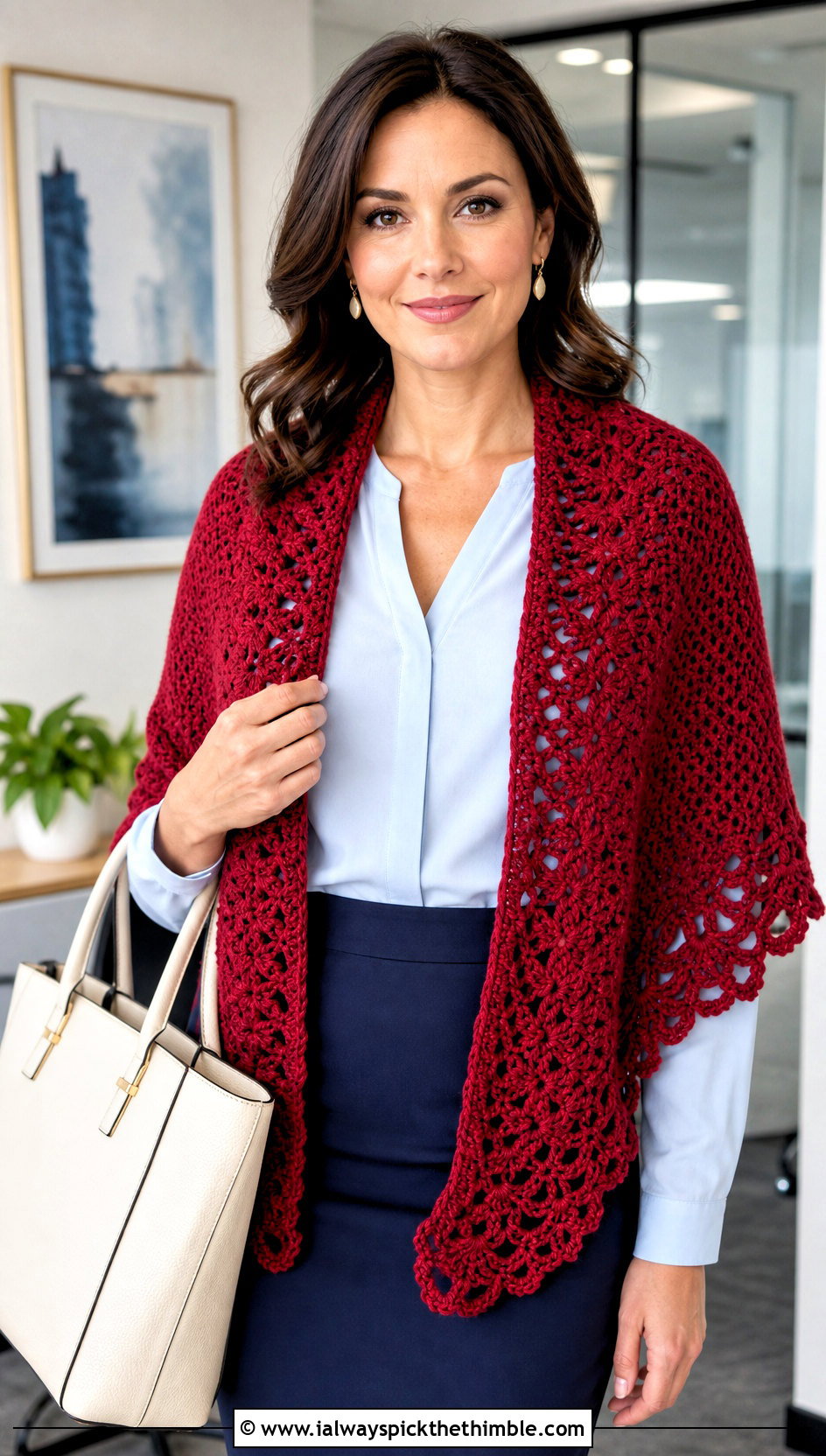 Scalloped 1 Skein Crochet Shawl With Blouse And Pencil Skirt - 15 Easy 1 Skein Crochet Shawl outfit ideas