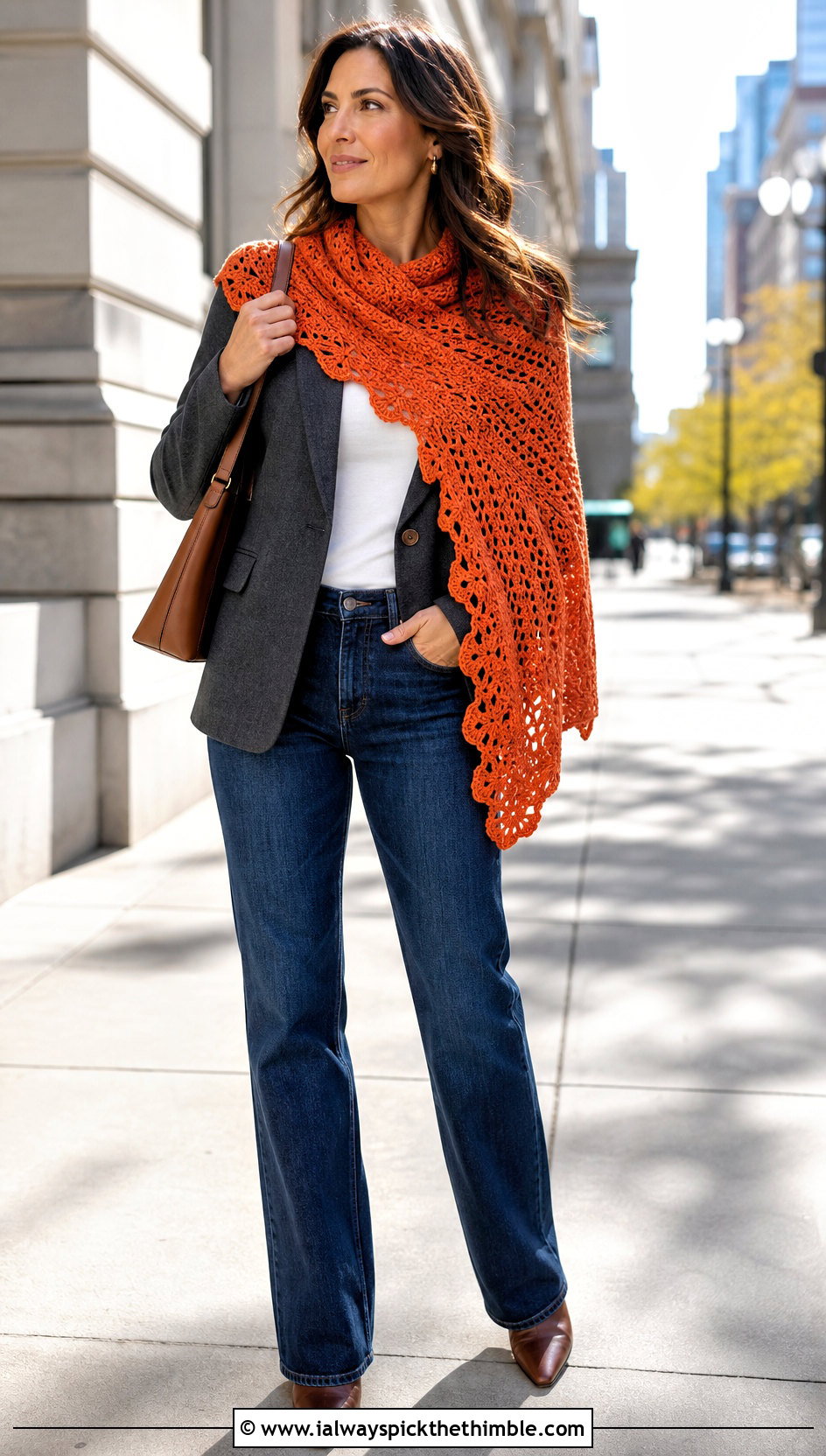 Scalloped Asymmetrical Crochet Shawl With Blazer And Jeans - 20 asymmetrical crochet shawl outfit ideas