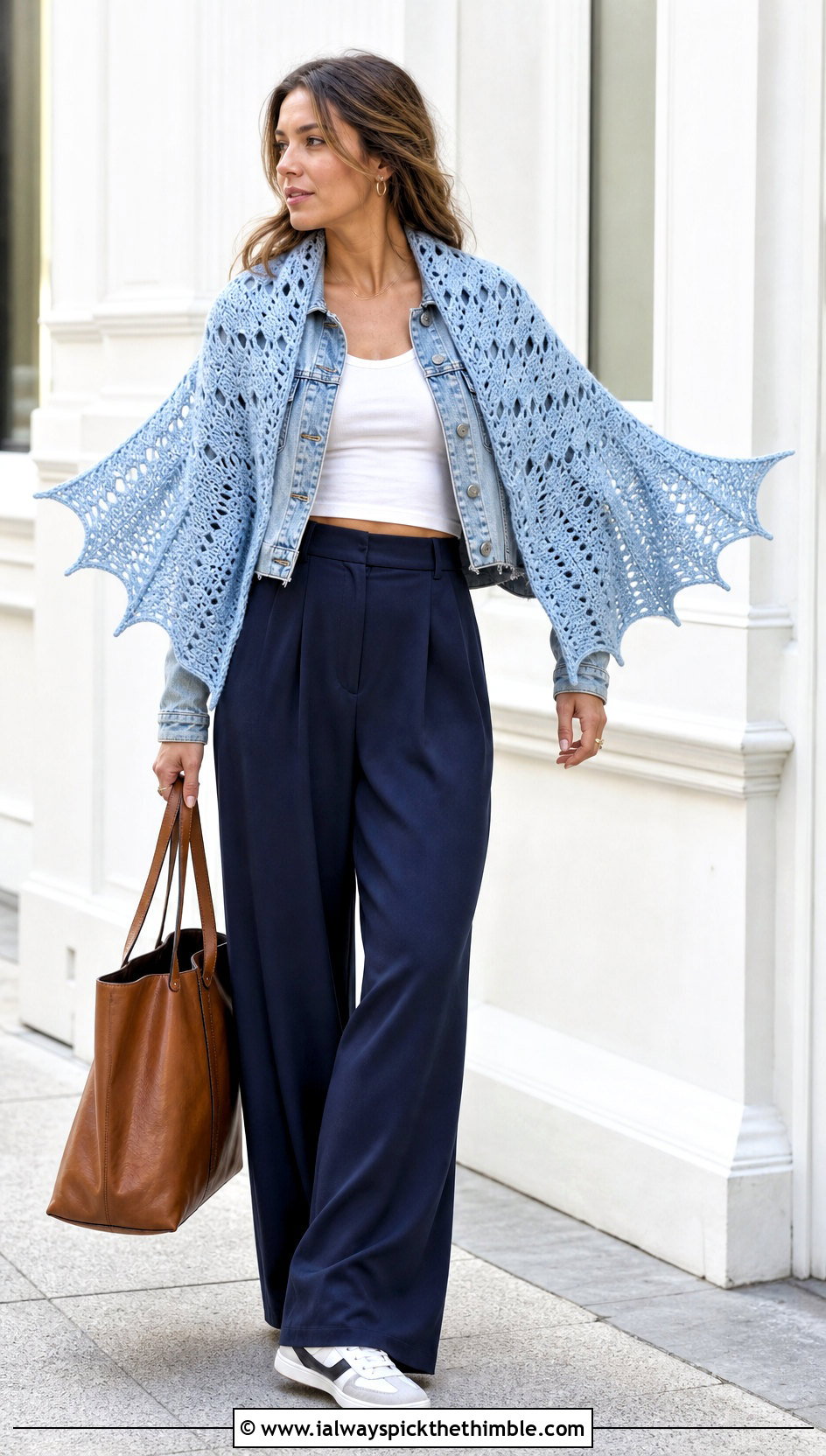 Scalloped Bat Wing Crochet Shawl With Denim Jacket - 20 bat wing crochet shawl outfit ideas