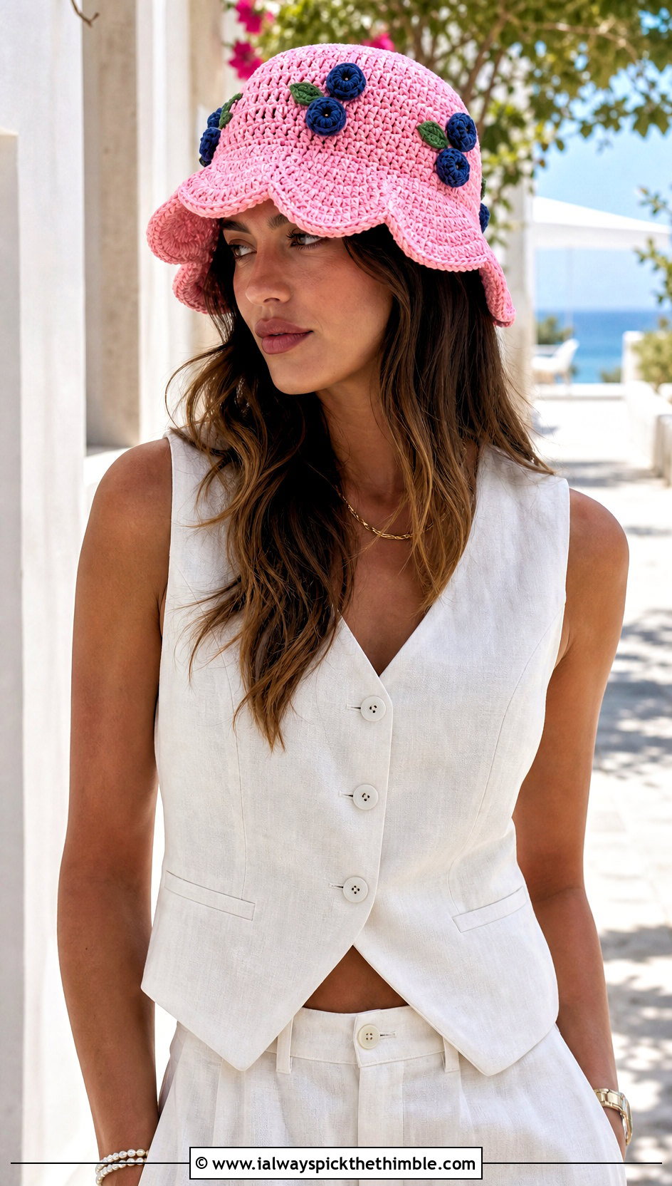 Scalloped Blueberry Crochet Bucket Hat With Linen Vest And Trousers - 25 blueberry crochet hat outfit ideas
